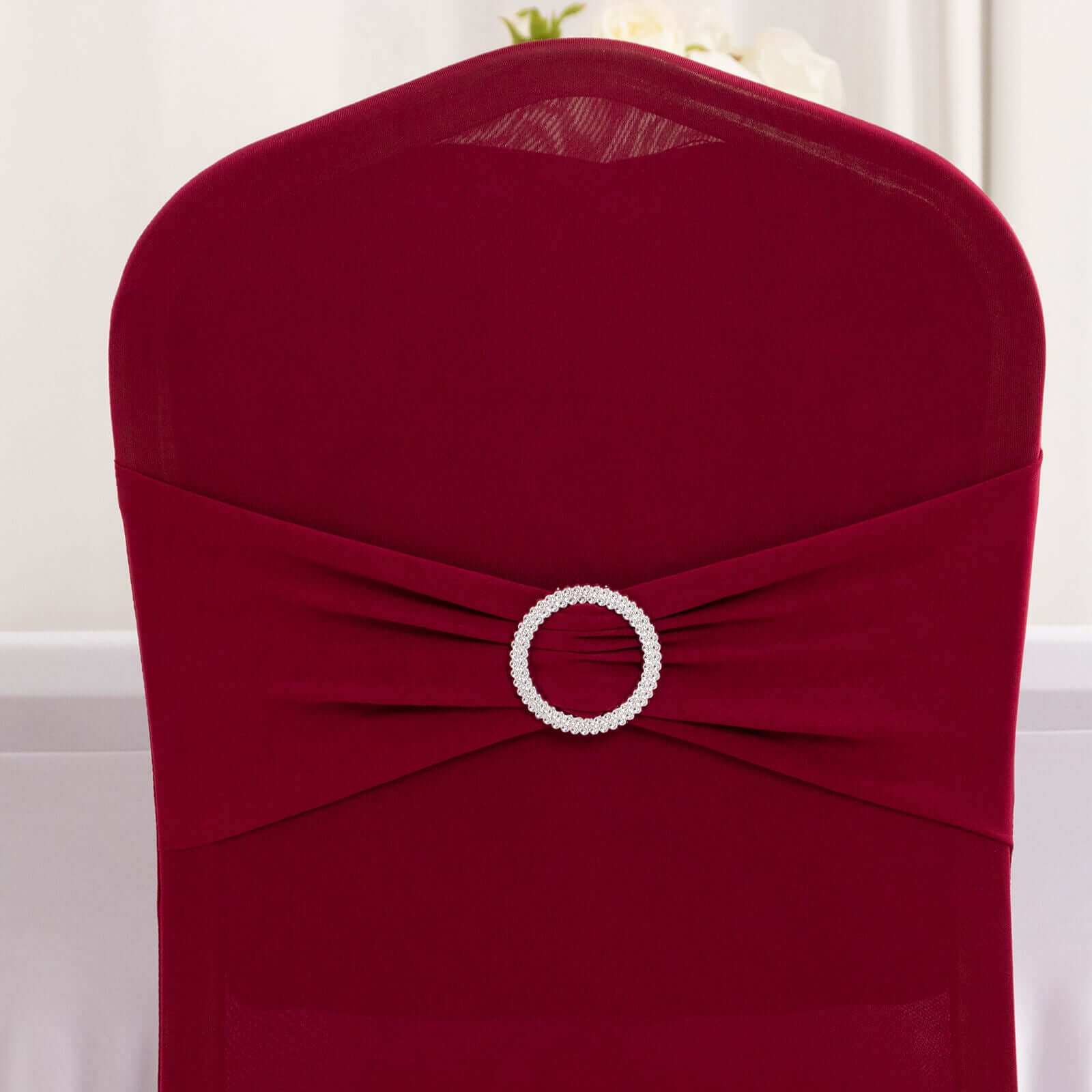 Spandex Chair Cover with Burgundy Rhinestone Buckled Sash Band Blush - Stretch Fitted Slipcover