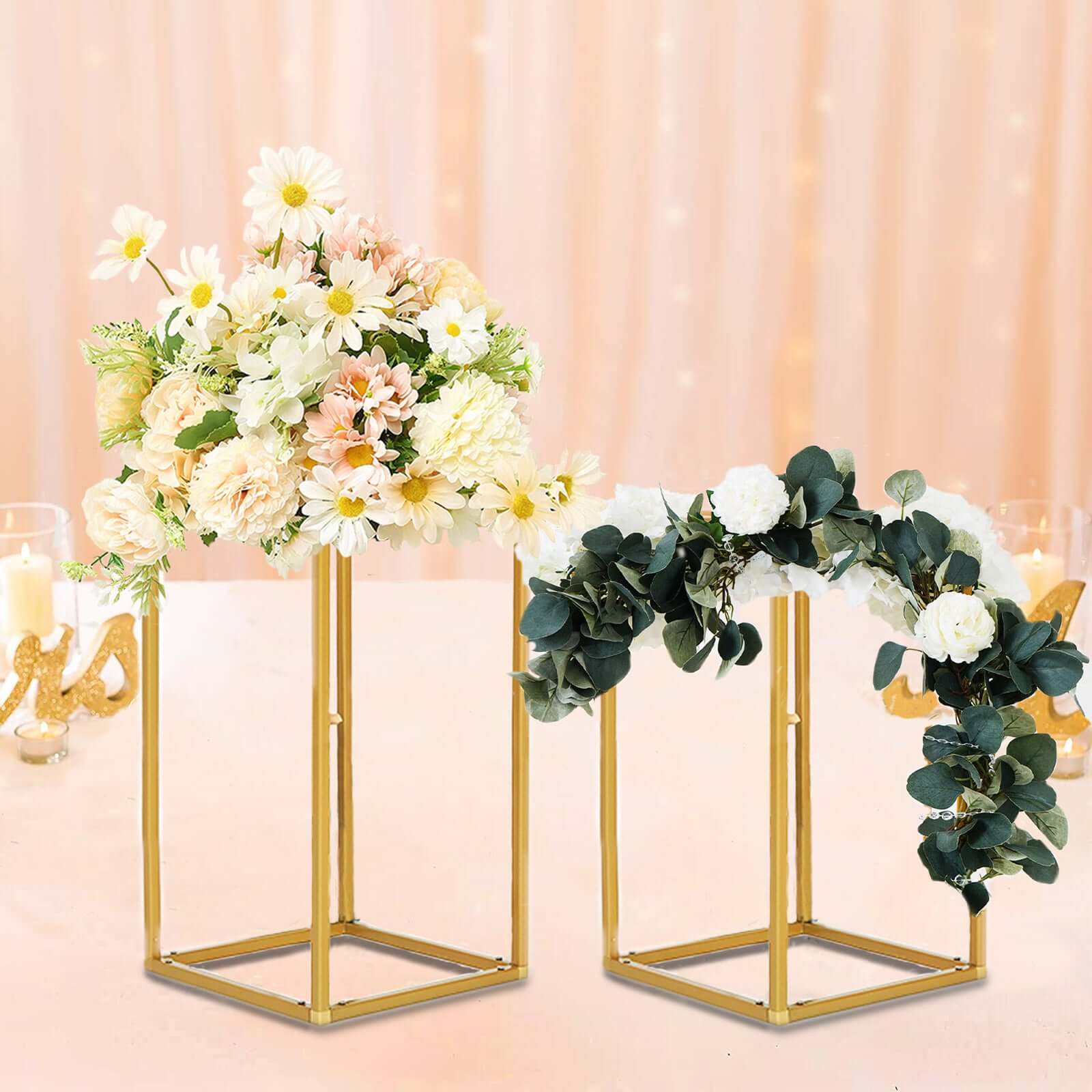 2-Pack Wedding Flower Stand Gold Metal Geometric Column Frame Rectangular - Versatile Floral Pedestal for Sophisticated Arrangements 12