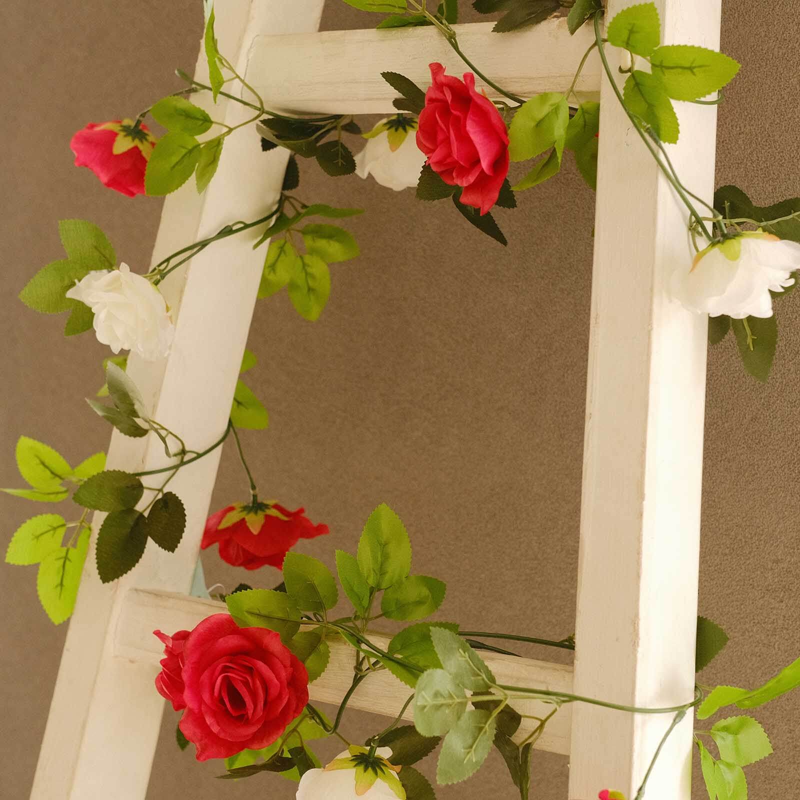 2 Pack 7ft Red Ivory Artificial Silk Flower Garland Mini Rose Vines with 26 Flower Heads