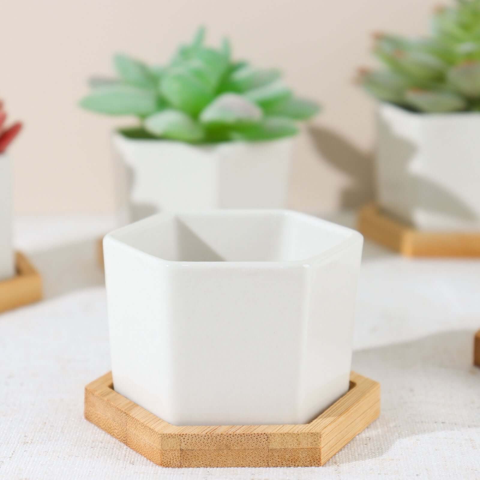 6-Pack Planter Pots Geometric Hexagon Design White - Ceramic Pots with Bamboo Tray and Removable Bottom 3