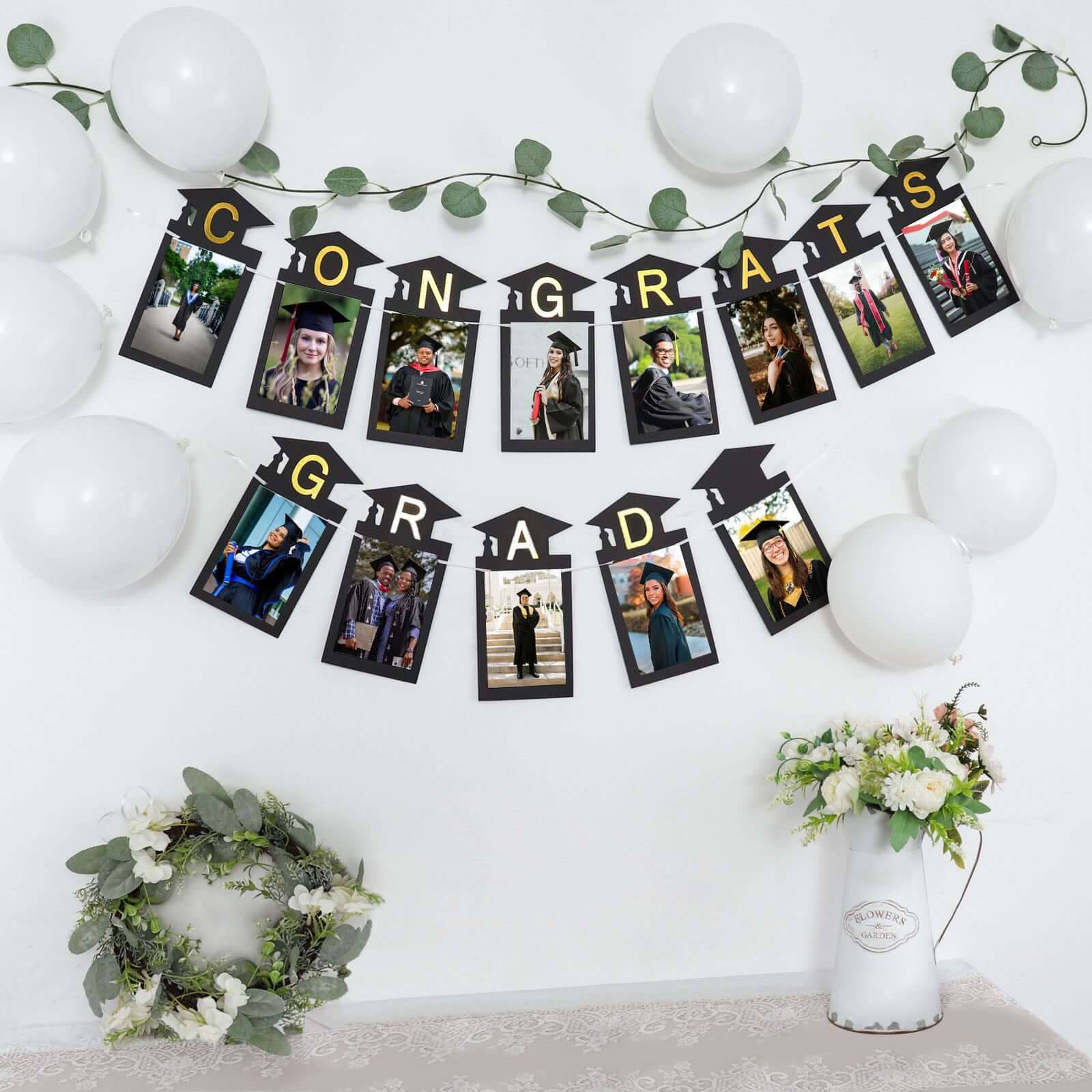 Black and Gold Congrats Grad Paper Photo Backdrop Hanging Garland Banner - 5.5ft