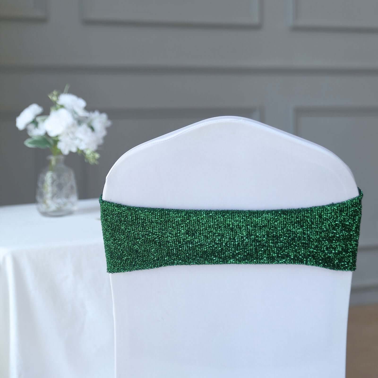 5 Pack Metallic Shimmer Tinsel Spandex Chair Sashes Hunter Emerald Green - Durable and Reusable Stretch Chair Bands