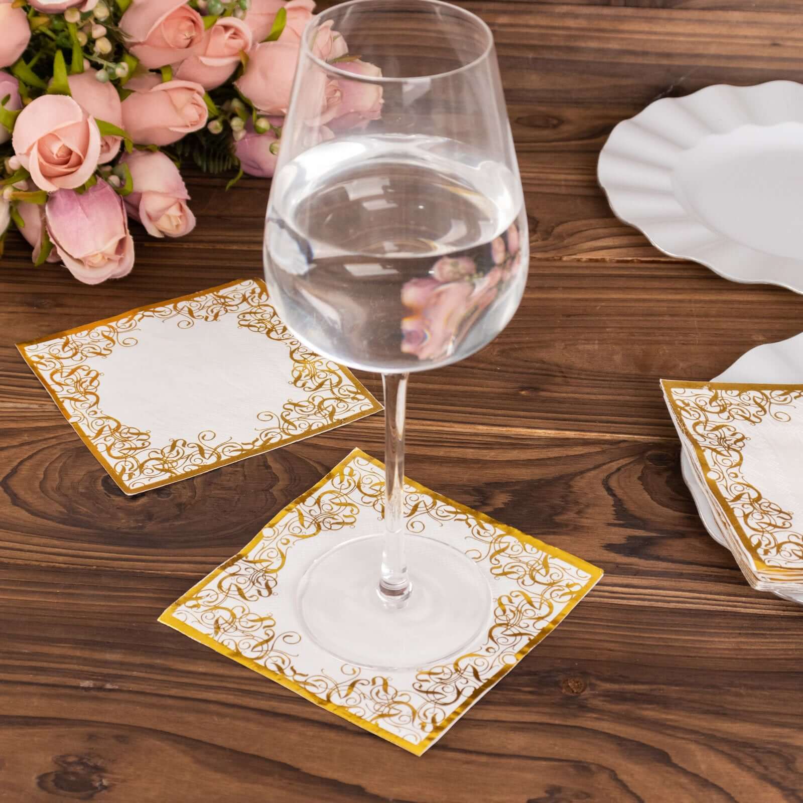 20-Pack Paper Beverage Napkins with Gold Foil Lace Design White - 3 Ply Disposable 18GSM European Style Cocktail Napkins 5x5