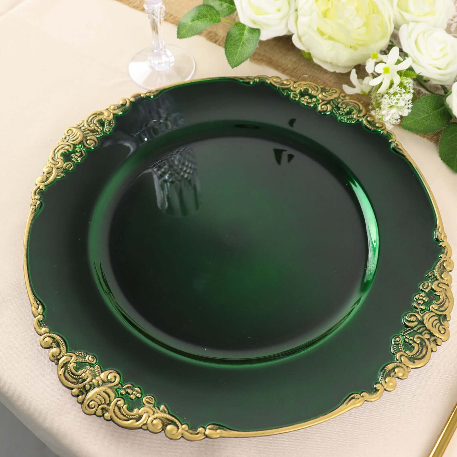 6-Pack Acrylic Round Charger Plates 13 in Hunter Emerald Green with Gold Embossed Baroque Rim, Antique Decorative Dinner Party Charger Tableware