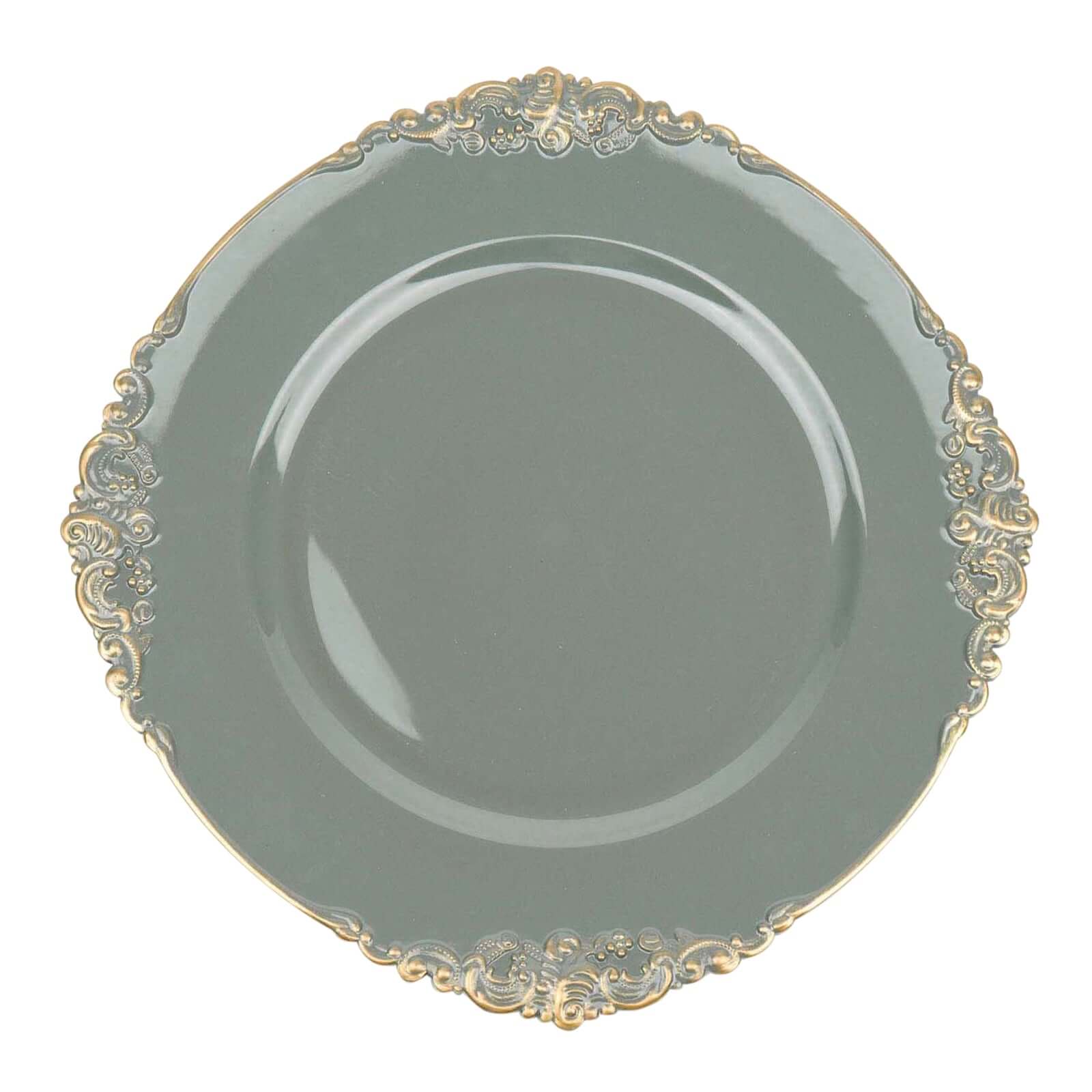 6-Pack Acrylic Round Charger Plates 13 in Olive Green with Gold Embossed Baroque Rim, Antique Decorative Dinner Party Charger Tableware