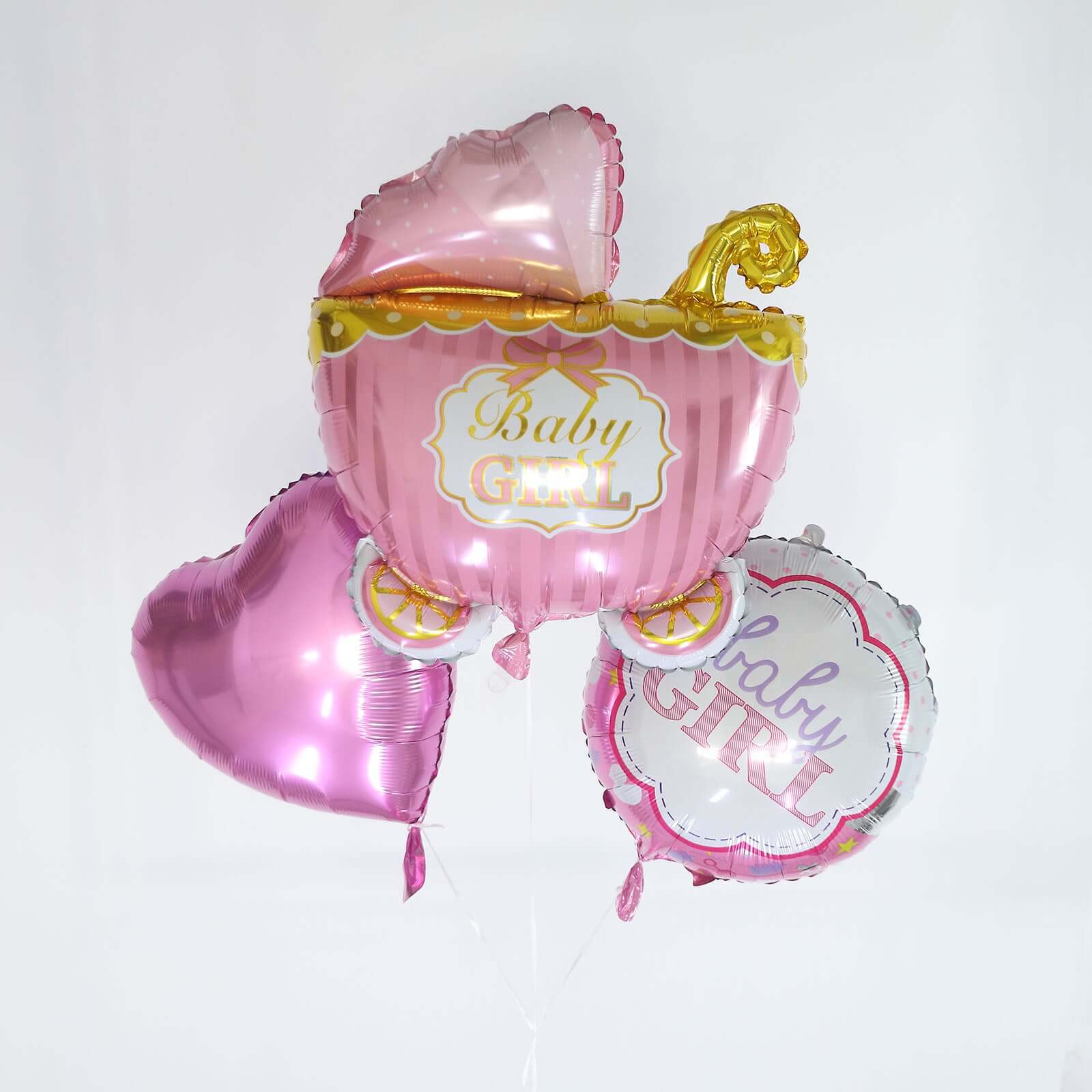 Set of 5 Pink White Girl Baby Shower Mylar Foil Balloon Set, Heart, Round and Baby Carriage Balloon Bouquet With Ribbon, Gender Reveal Party Decorations