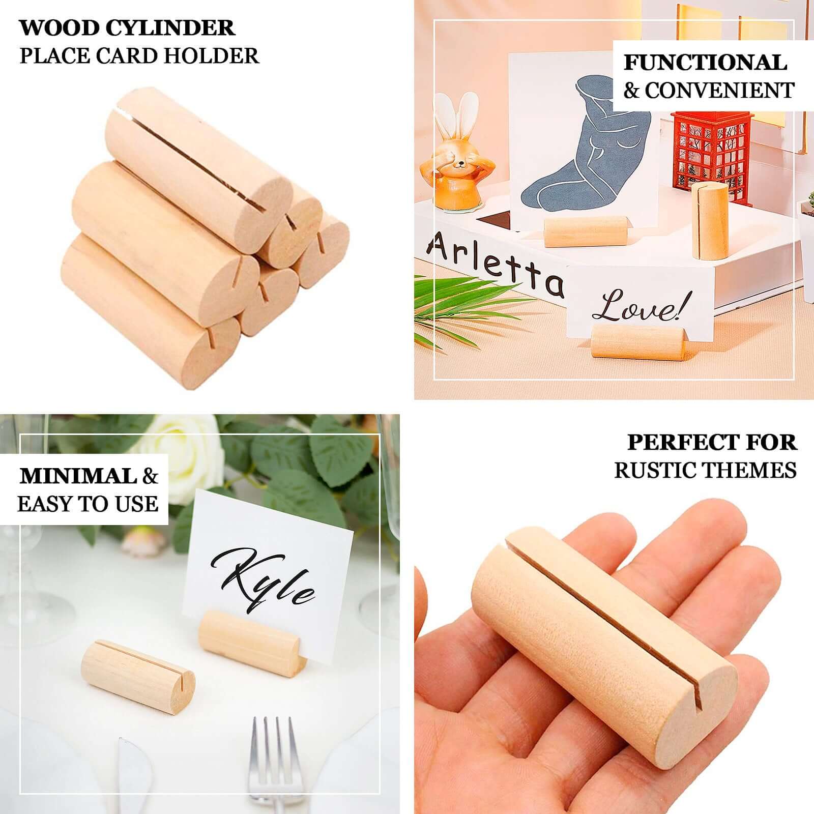 10-Pack Wooden Place Card Holders Farmhouse Cylindrical Design Natural - Rustic Table Number Stands 2