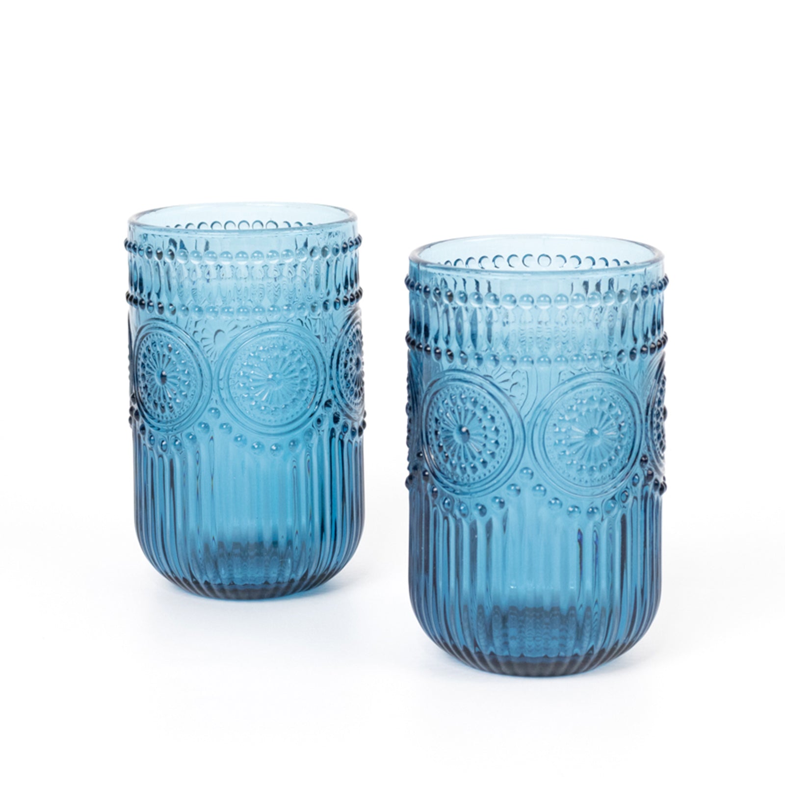 6-Pack Glass Tumblers Ocean Blue Vintage Embossed Design with Textured Floral Pattern - Highball Glasses for Drinks & Parties 14oz