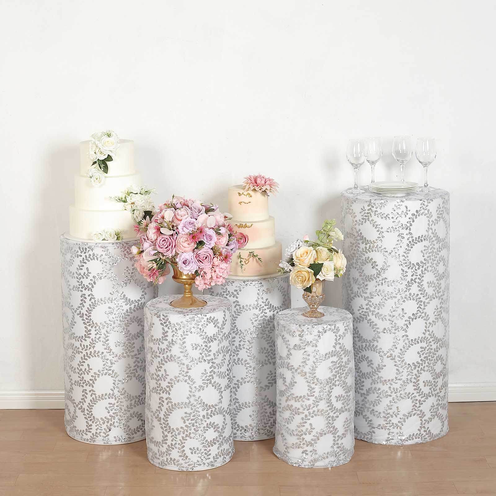 Set of 5 Silver Sequin Mesh Cylinder Pedestal Stand Covers with Leaf Vine Embroidery, Sparkly Sheer Tulle Pillar Prop Covers