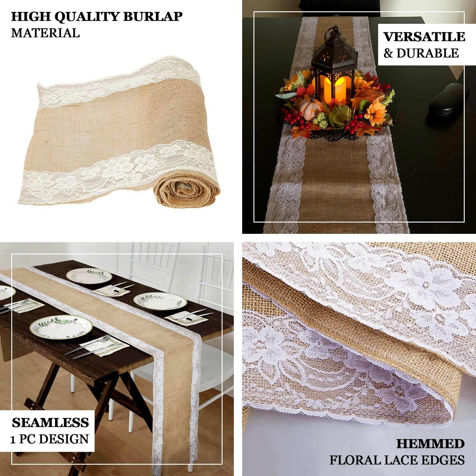 Burlap Jute 14x104 Table Runner Natural With White Lace Trim Edges - Rustic Vintage Tabletop Decor