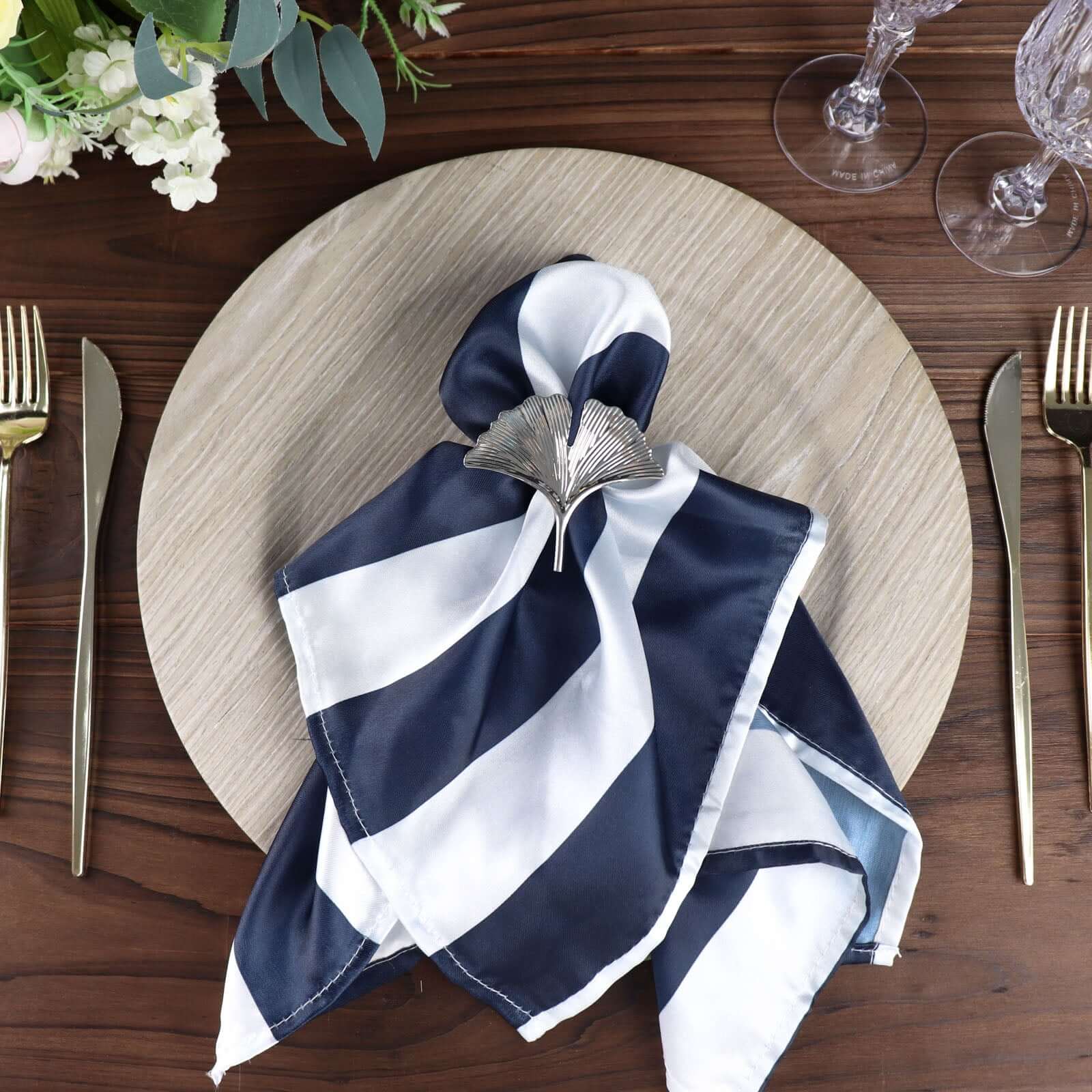 5 Pack Satin 20x20 Napkins Navy Blue/White - Striped Reusable Dinner Napkins