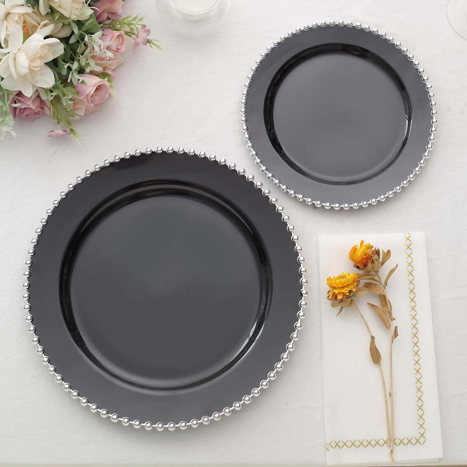 10-Pack Plastic 8 Round Appetizer Dessert Plates in Black with Silver Beaded Rim - Disposable Salad Plates