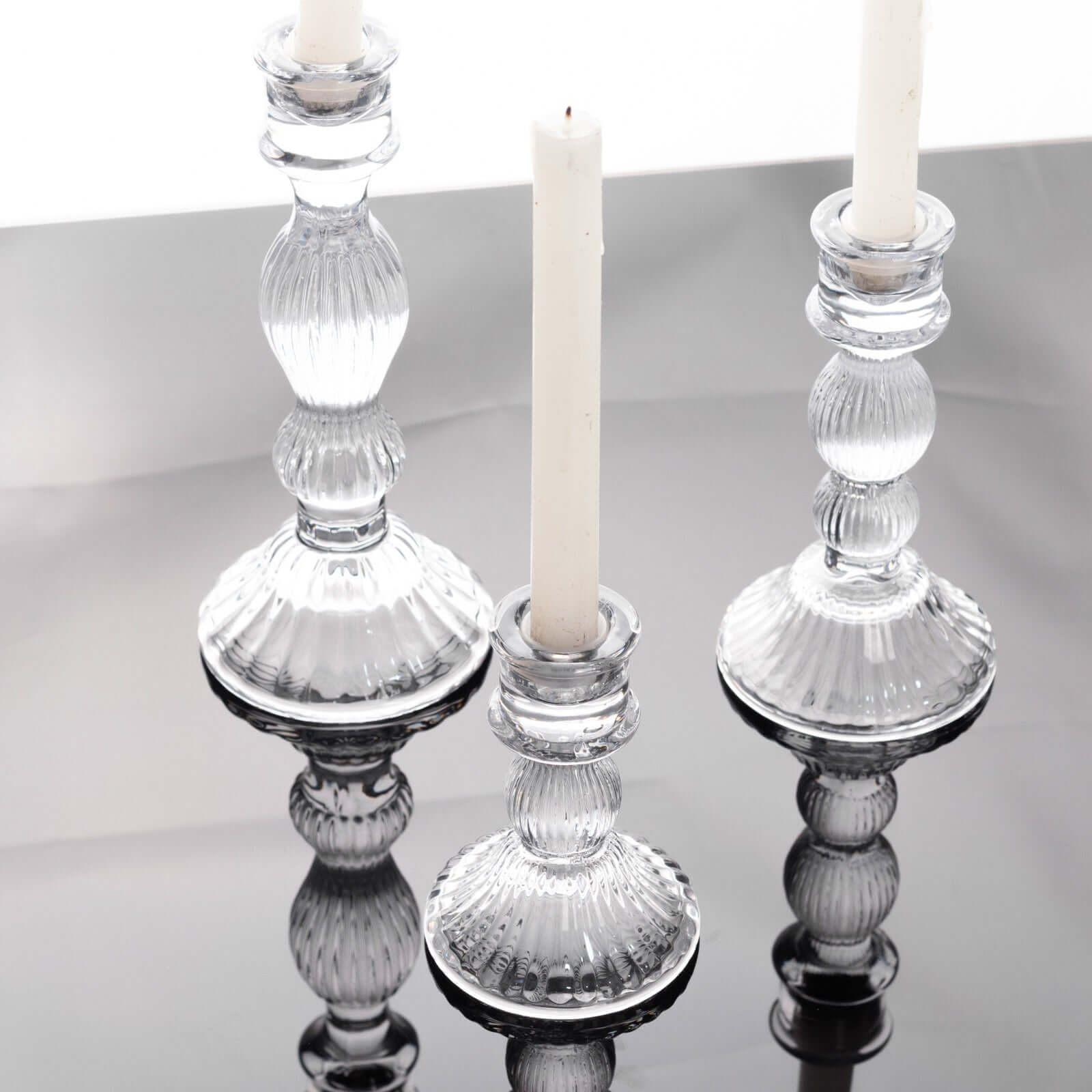 Set of 3 Glass Taper Candle Holders Fluted Design Clear - Ribbed Crystal Candlestick Stands 4, 6, 8