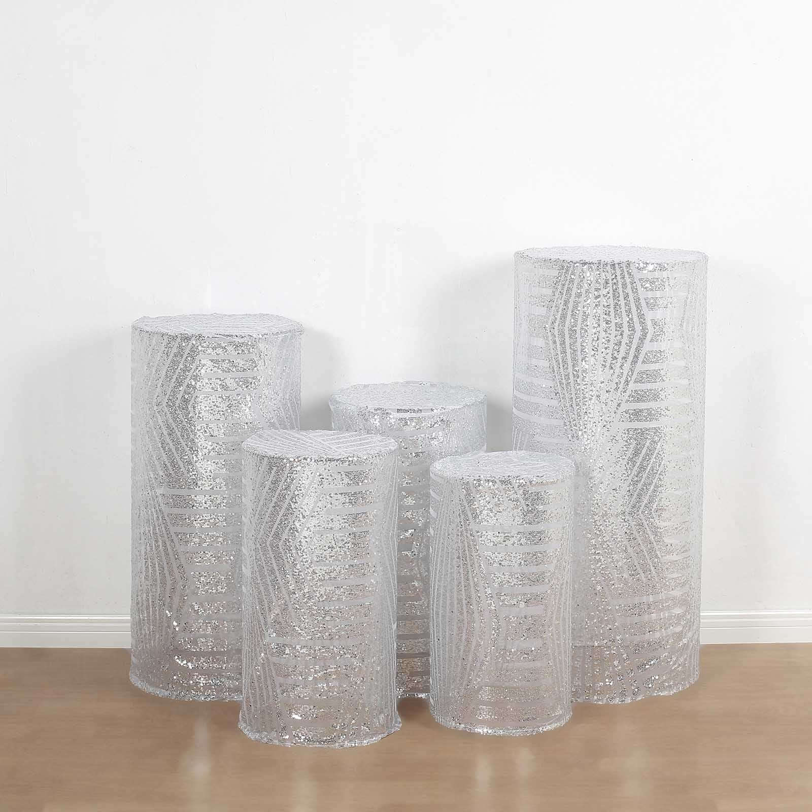 Set of 5 Silver Sequin Mesh Cylinder Pedestal Stand Covers with Geometric Pattern Embroidery, Sparkly Sheer Tulle Pillar Prop Covers