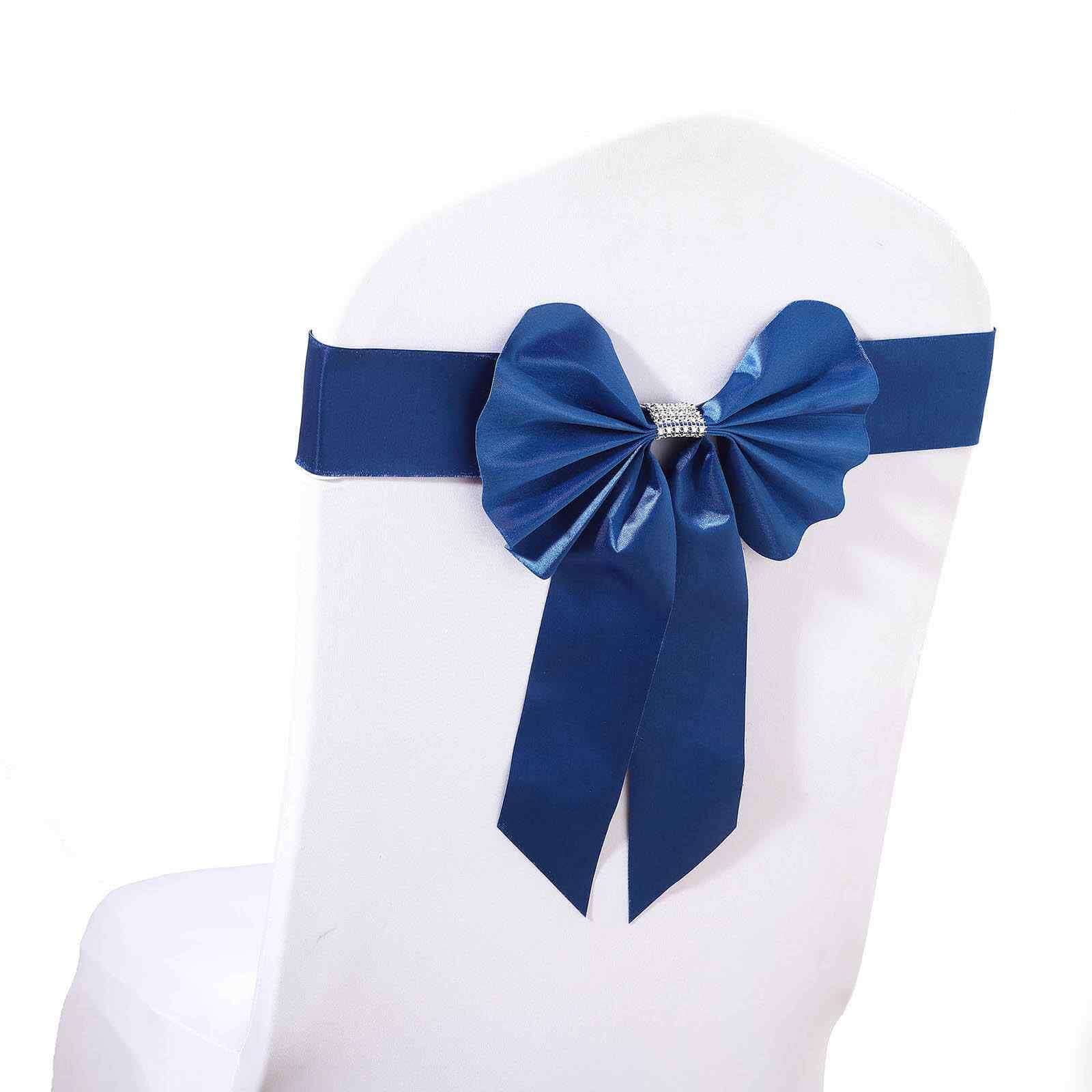 5 Pack Satin Faux Leather Chair Sashes Royal Blue - Durable Double Sided Pre-tied Bow Tie Chair Bands with Diamond Rhinestone Buckles