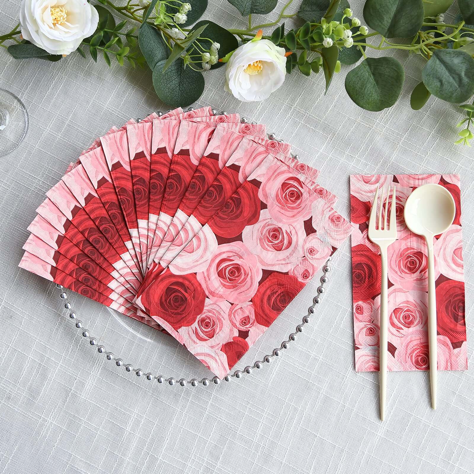 20-Pack Paper Dinner Napkins with Rose Floral Print Red/Pink 2 Ply - Stylish Boho Napkins for Events