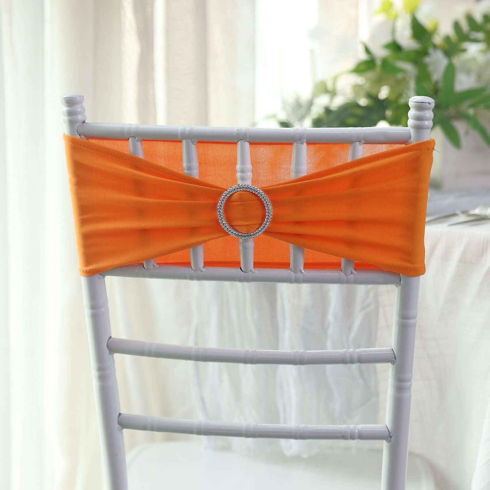 5 Pack Stretch Spandex Chair Sashes Orange - Reusable Chair Bands with Silver Diamond Ring Slide Buckle 5x14