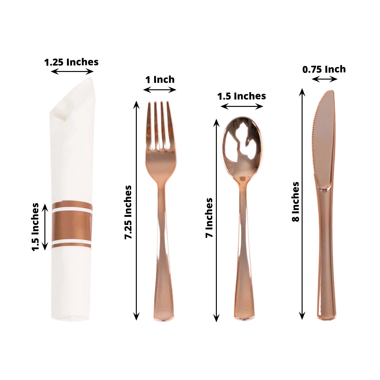 Set of 24 Rose Gold Plastic Silverware with Pre-Rolled White Paper Napkins - Disposable Wrapped Fork, Spoon, and Knife Set