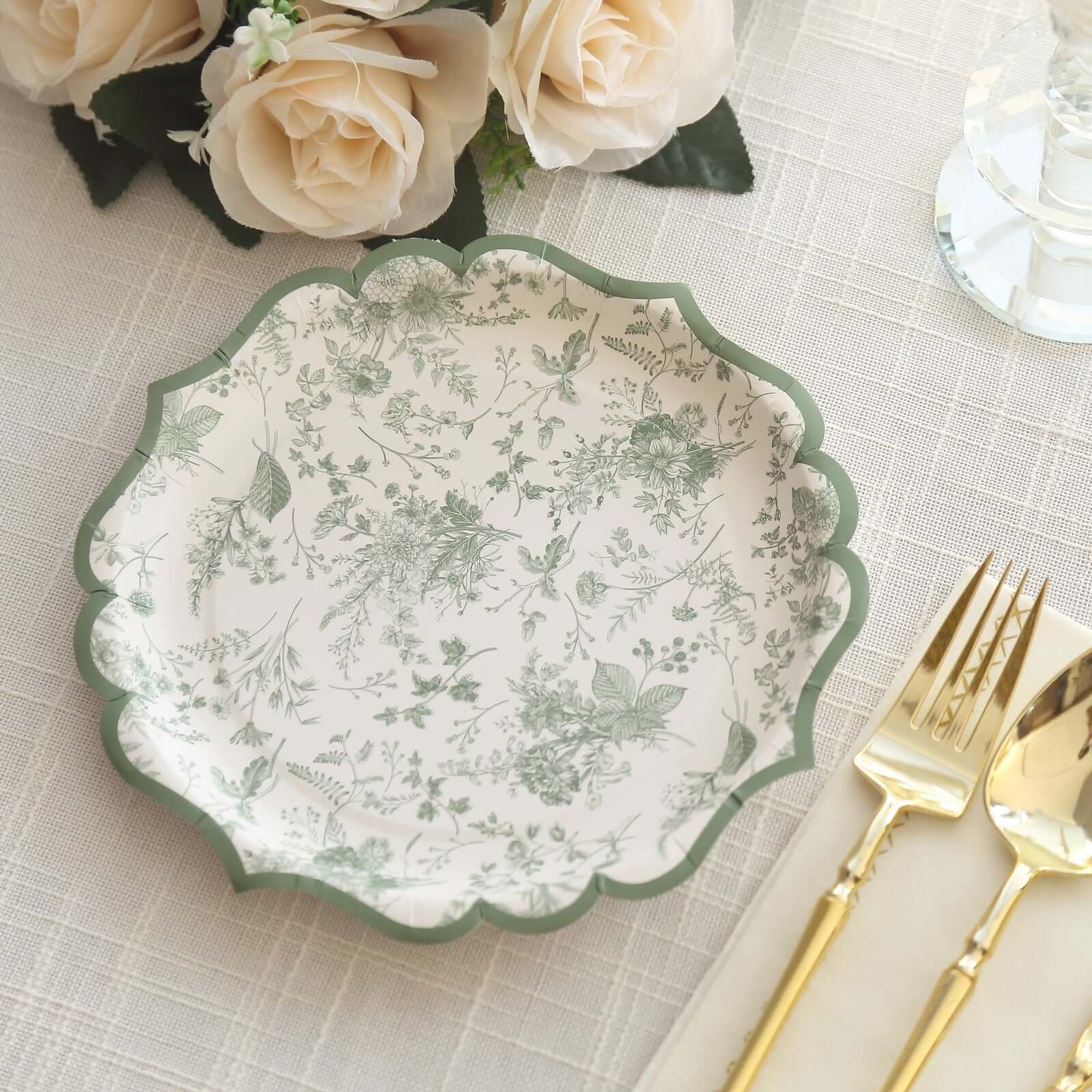 25-Pack Paper 8 Round Dessert Plates in White with Sage Green French Toile Design & Scalloped Rim - Disposable 300GSM Salad Appetizer Plates for Stylish Table Decor