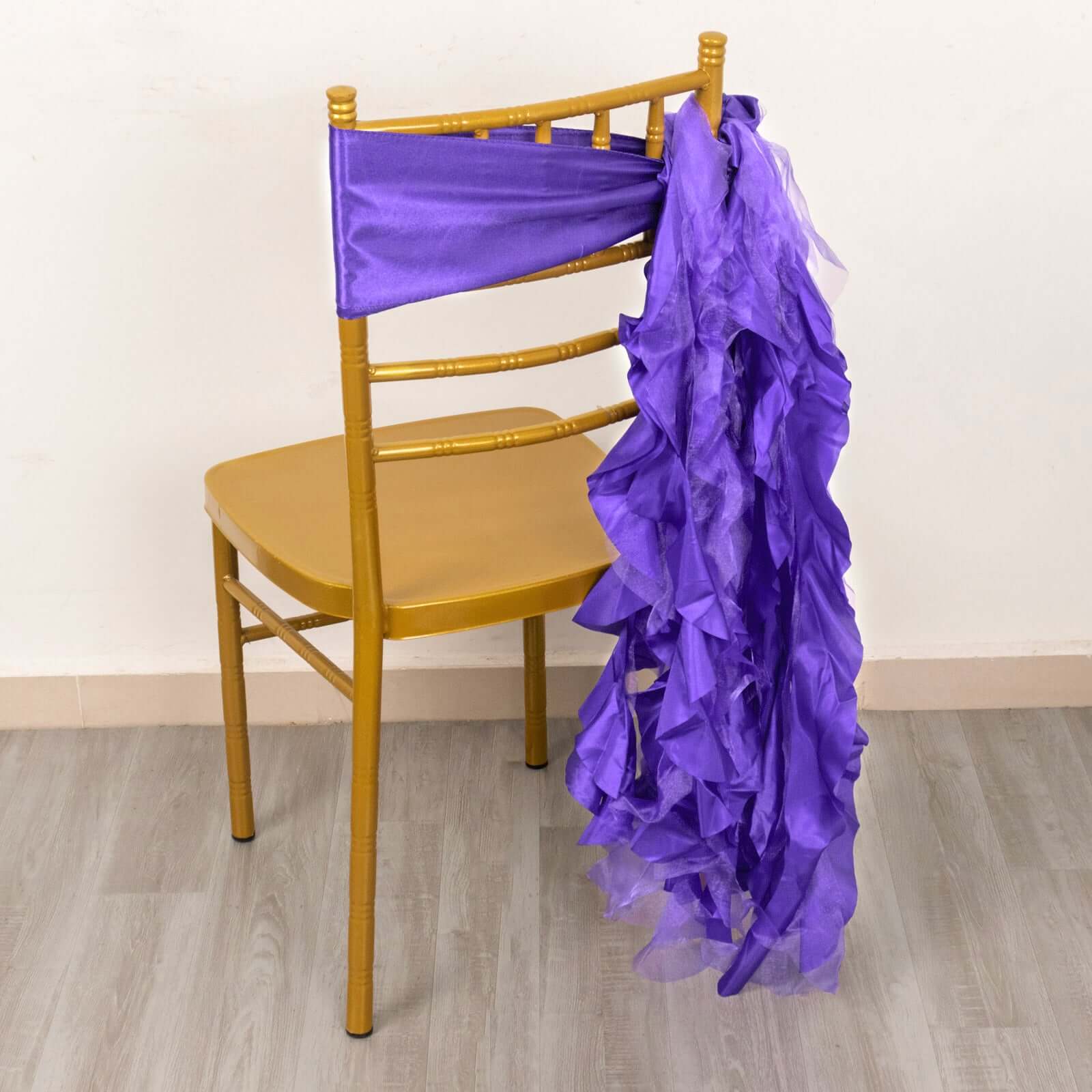 5 Pack Chiffon Satin Chair Sashes Purple - Easy to Install Ruffled Curly Willow