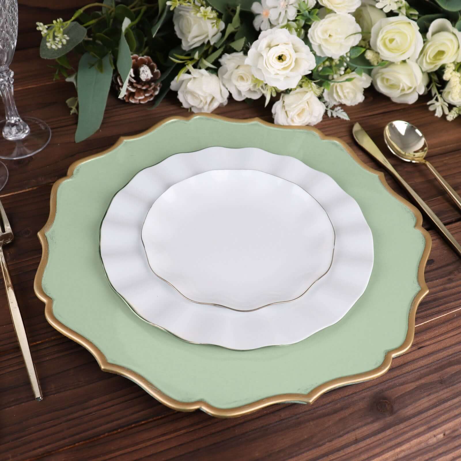 6-Pack Acrylic Round Charger Plates 13 in Sage Sage Green with Gold Scalloped Rim, Decorative Dinner Party Plastic Charger Tableware