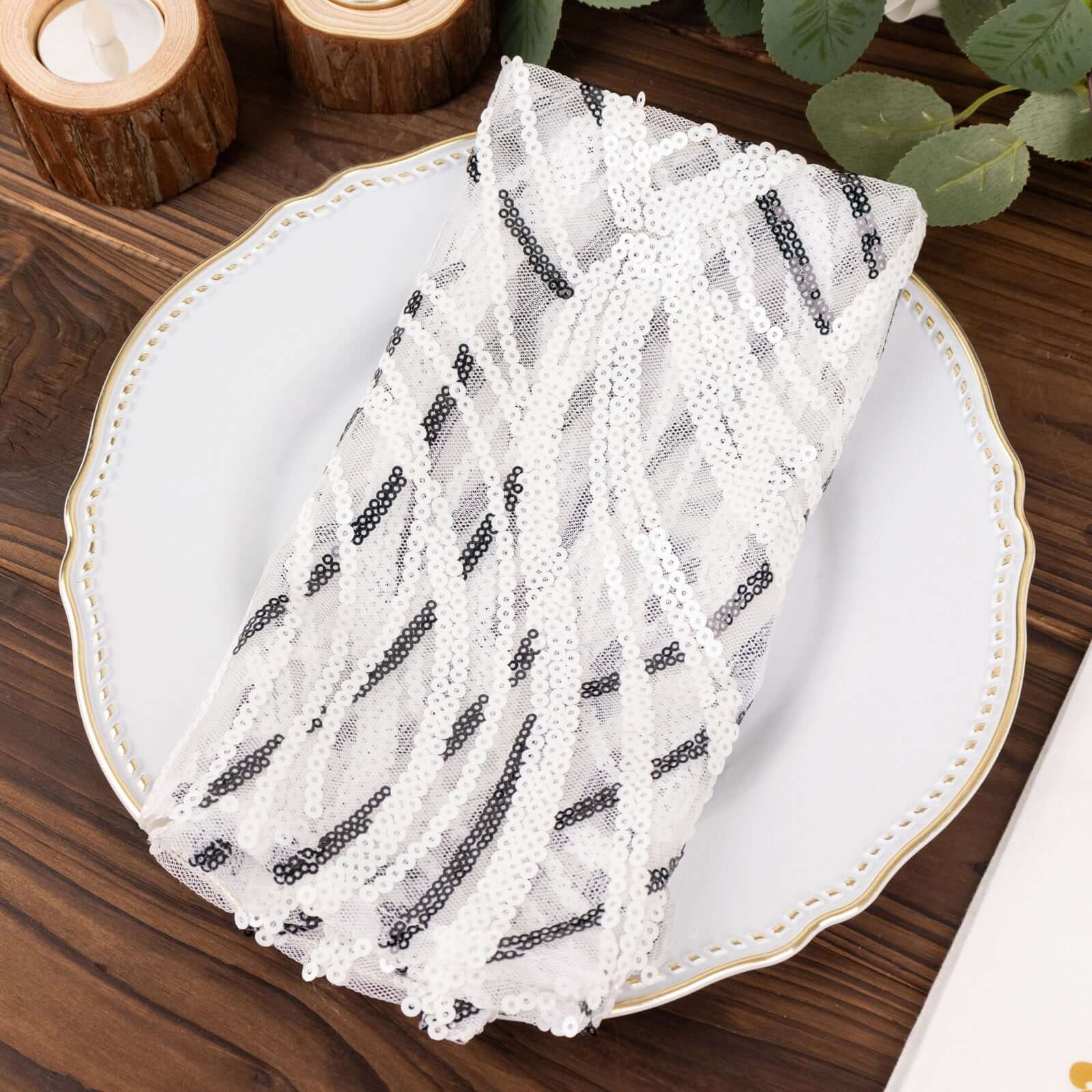 Sequin Mesh 20x20 Napkin White Black - Wave Embroidered Reusable Napkin