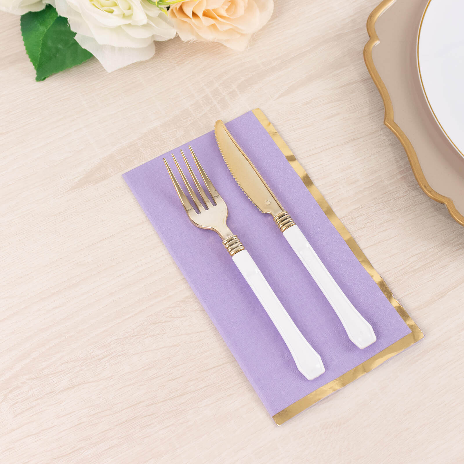 50-Pack Paper Dinner Napkins Lavender with Gold Foil Edge 2 Ply - Stylish Disposable Napkins