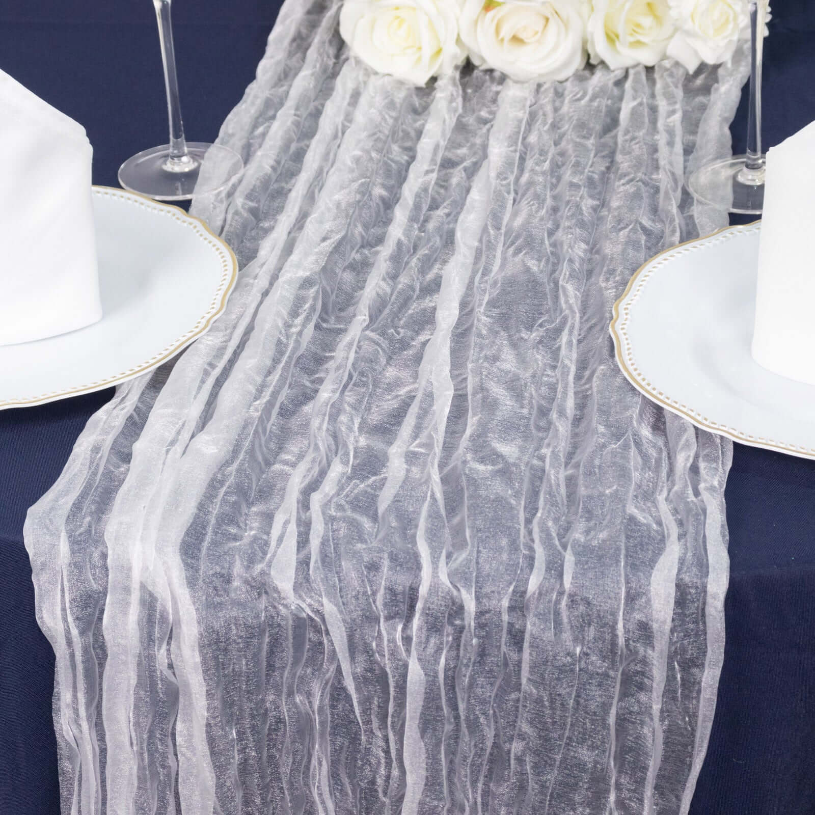 Sheer Crinkled Organza 9ft Table Runner White - Rustic Style Shimmer Chiffon Runner