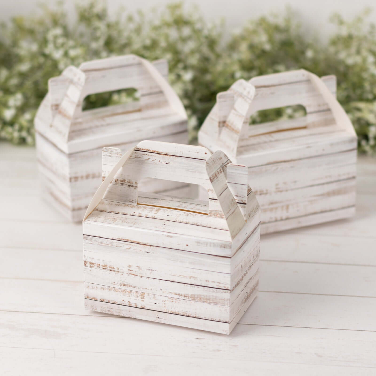 25 Pack Rustic White Candy Gift Tote Gable Boxes With Wood Plank Pattern, Party Favor Treat Boxes - 4x2.5x4.5