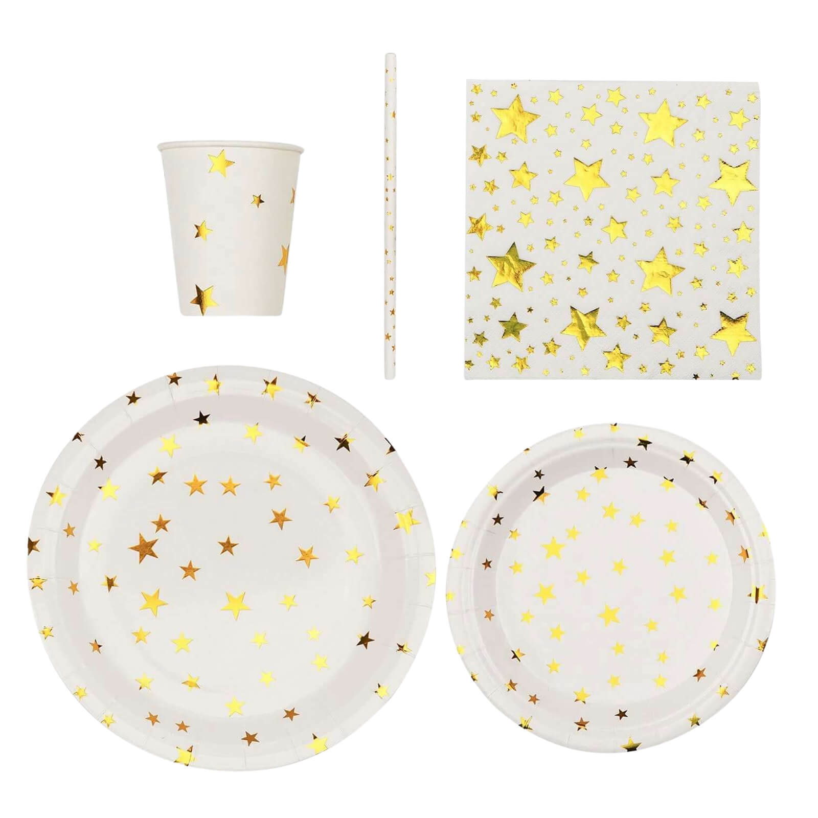 120 Pcs Paper Dinnerware Set White with Gold Stars Design - Disposable Tableware Combo-Pack with Plates, Cups, and Napkins