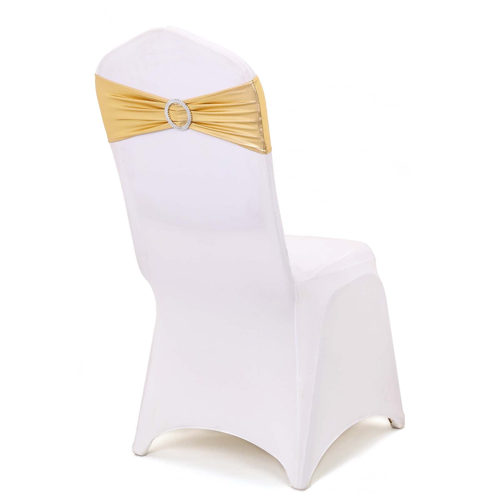 5 Pack Metallic Spandex Chair Sashes Gold - Stretch Fit Chair Bands With Round Diamond Buckles for Glamorous Event Decor