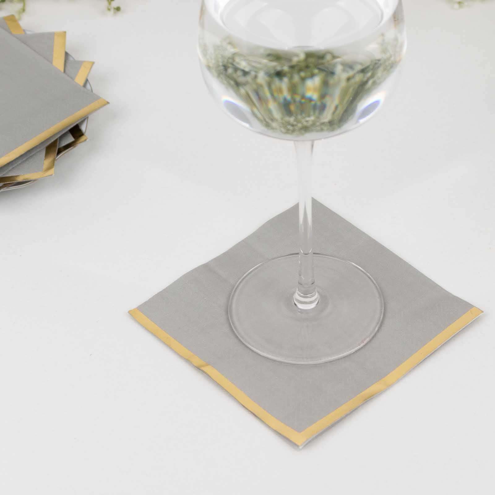 50-Pack Paper Beverage Napkins Gray with Gold Foil Edge - 2 Ply Disposable Soft 18GSM Cocktail Napkins 5x5