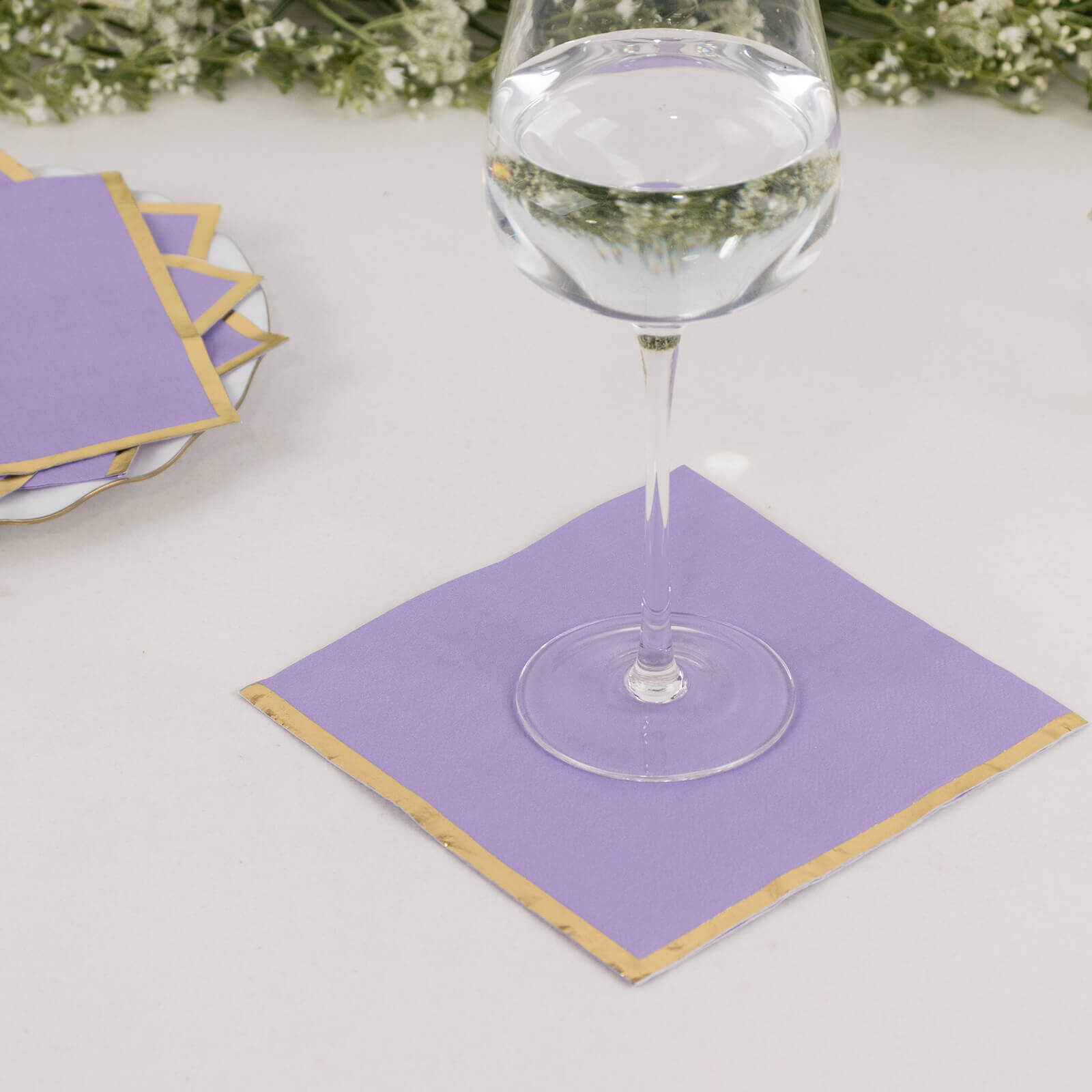 50-Pack Paper Beverage Napkins with Gold Foil Edge Lavender - Disposable 2 Ply Cocktail Napkins for Events 6.5x6.5