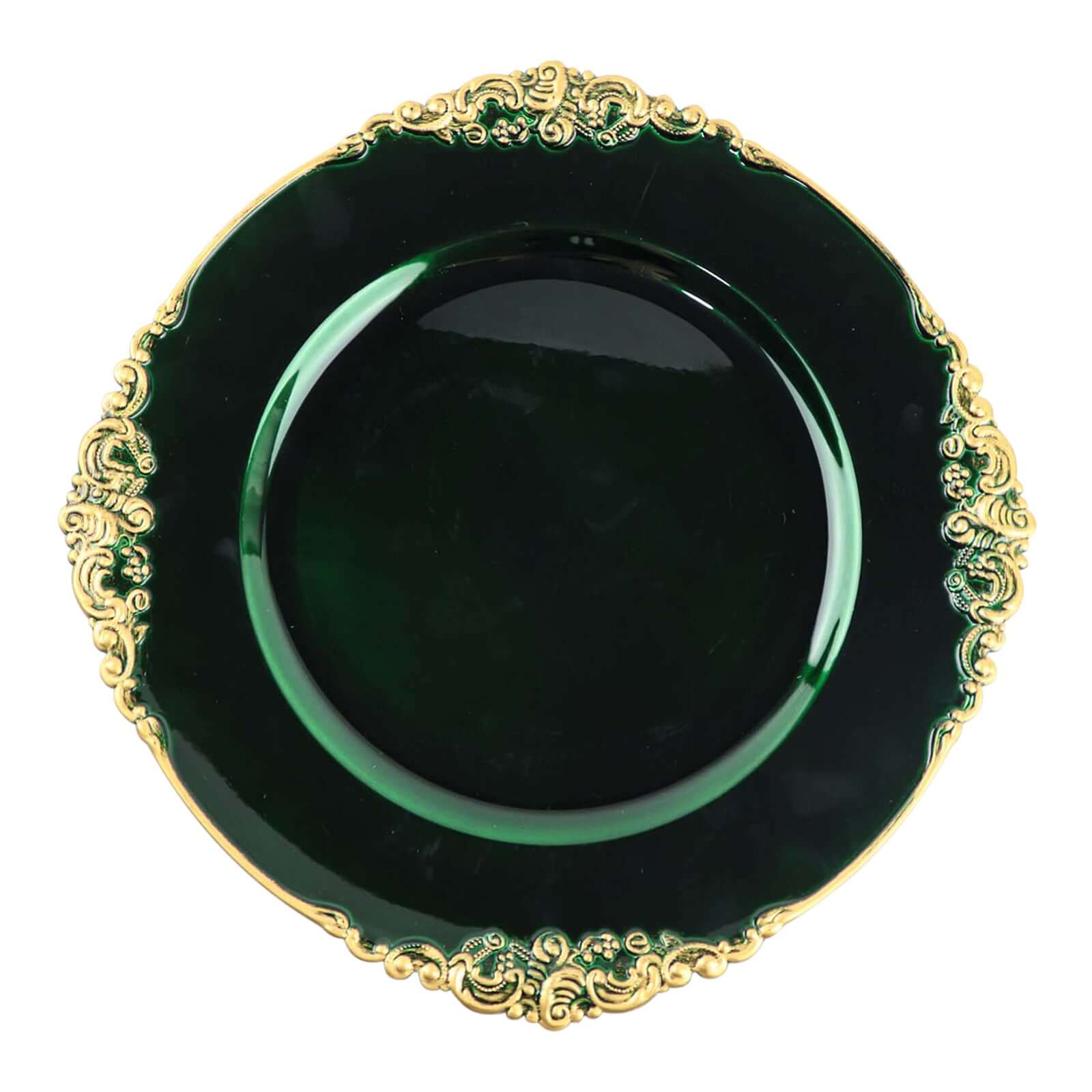 6-Pack Acrylic Round Charger Plates 13 in Hunter Emerald Green with Gold Embossed Baroque Rim, Antique Decorative Dinner Party Charger Tableware