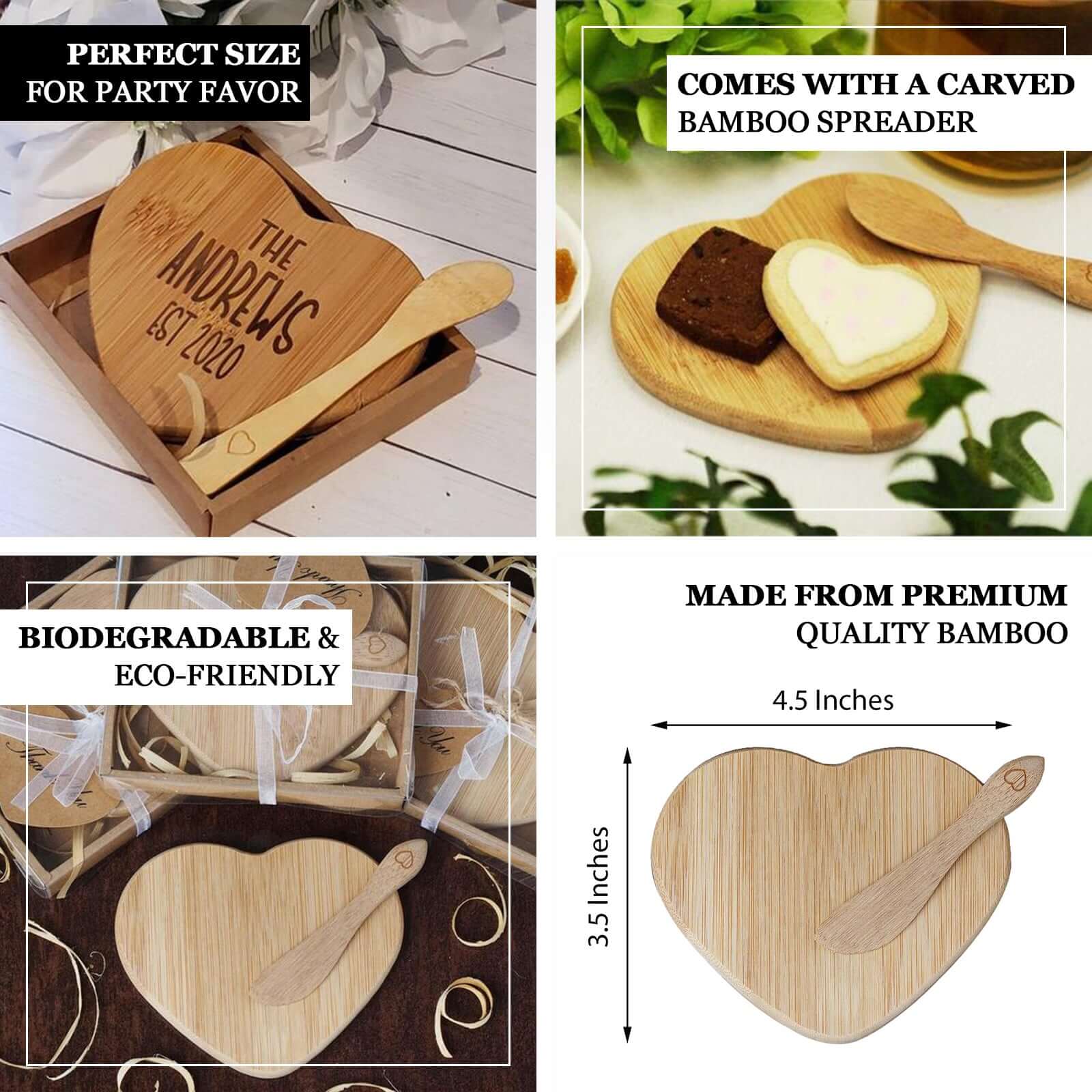 Heart Shaped Bamboo Brie Cheese Board and Knife Set Party Favor with Clear Gift Box, Ribbon & Thank You Tag