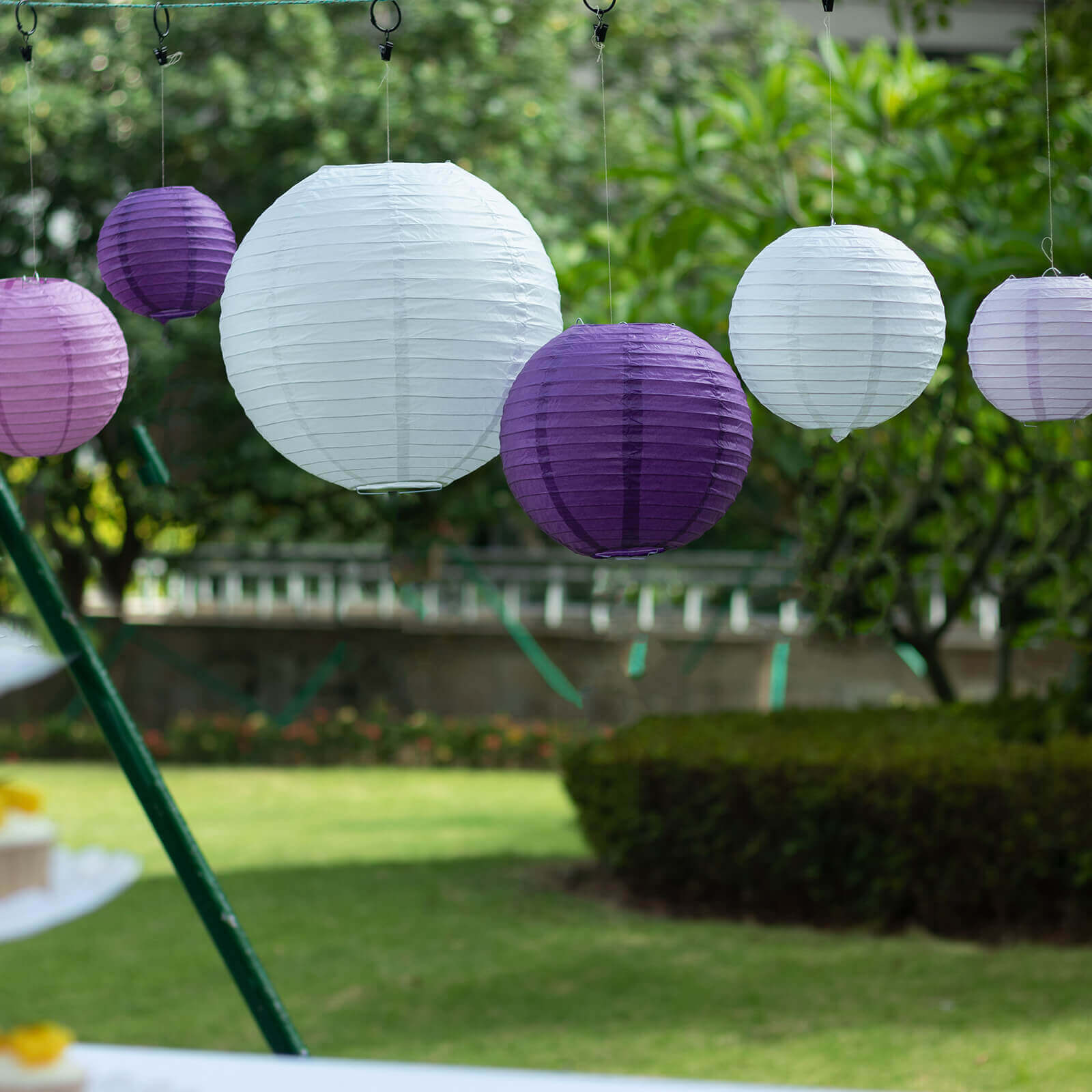 Set of 8 Mixed Purple White Hanging Paper Lanterns, Decorative Round Chinese Sky Lanterns, Assorted Sizes - 6,8,10,14