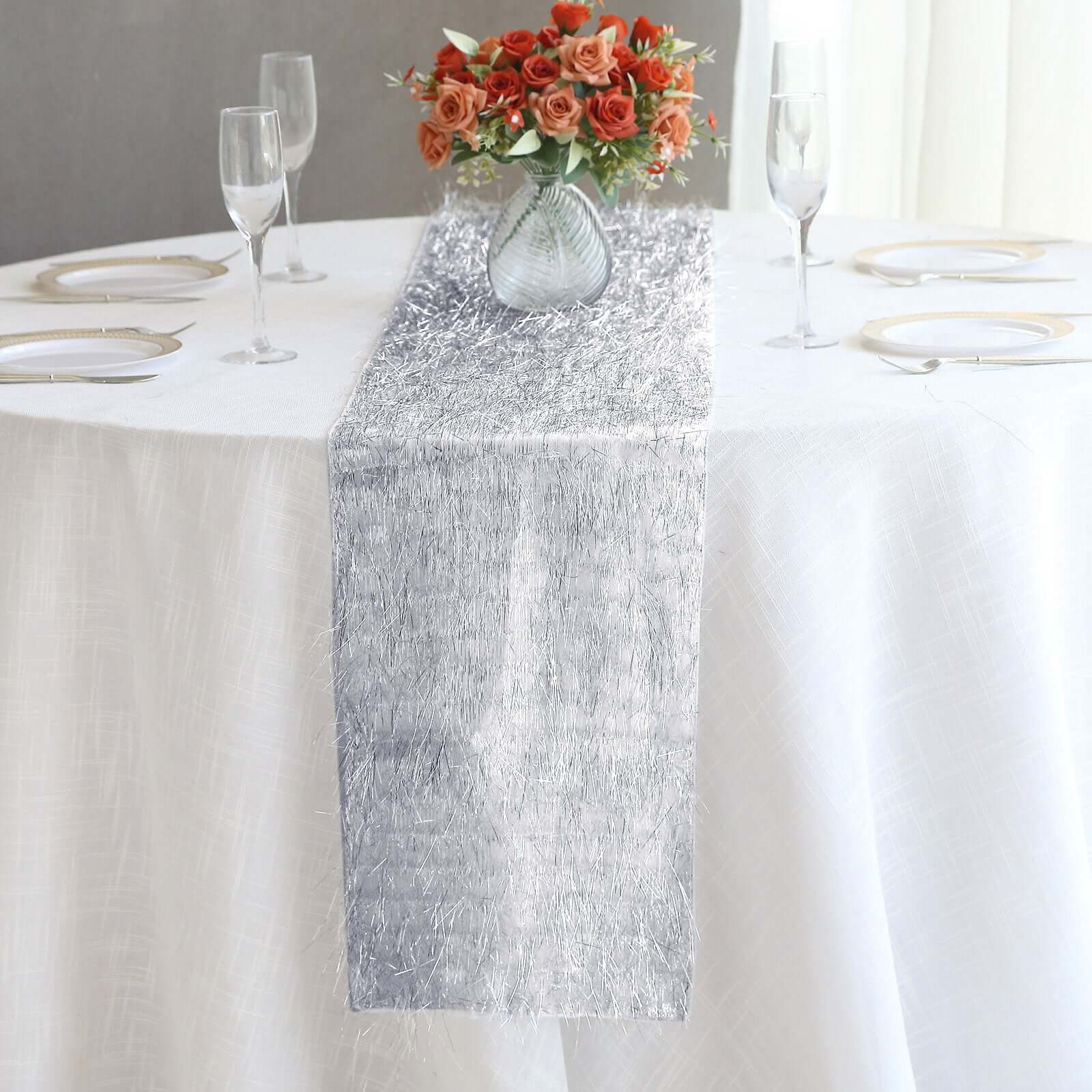 Metallic Tinsel Polyester 12x108 Table Runner Silver - Shimmery Fringe Shag Table Decor