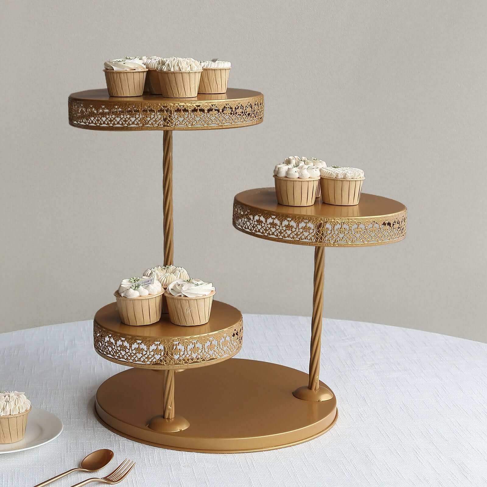 3-Tier Dessert Stand Hollow Lace Round Design Gold - Cupcake Tower and Tiered Cake Display Metal 21