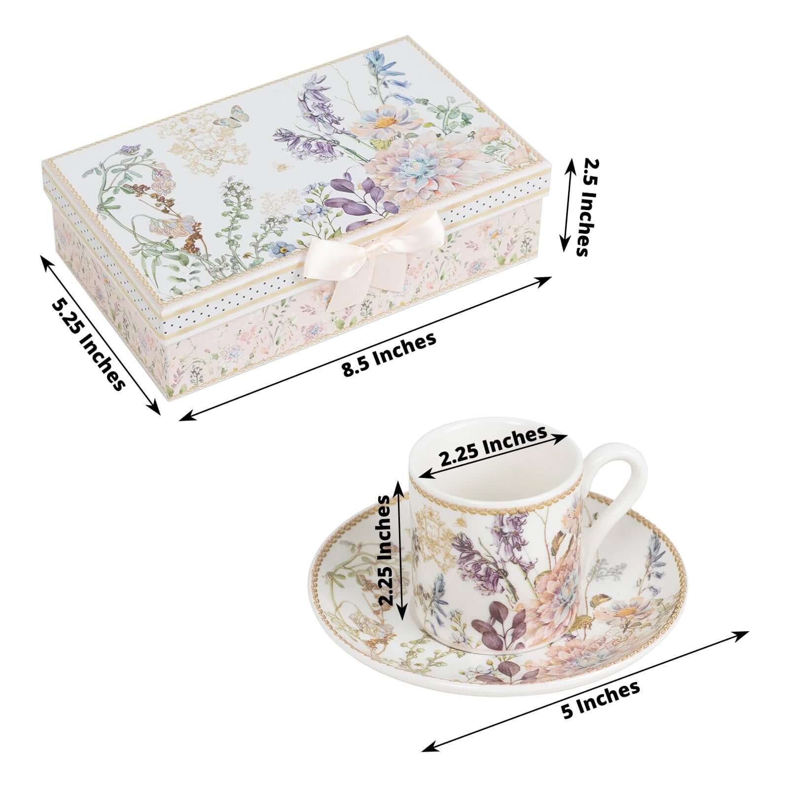 Blush Floral Design Bridal Shower Gift Set, Set of 2 Porcelain Espresso Cups and Saucers with Matching Keepsake Box