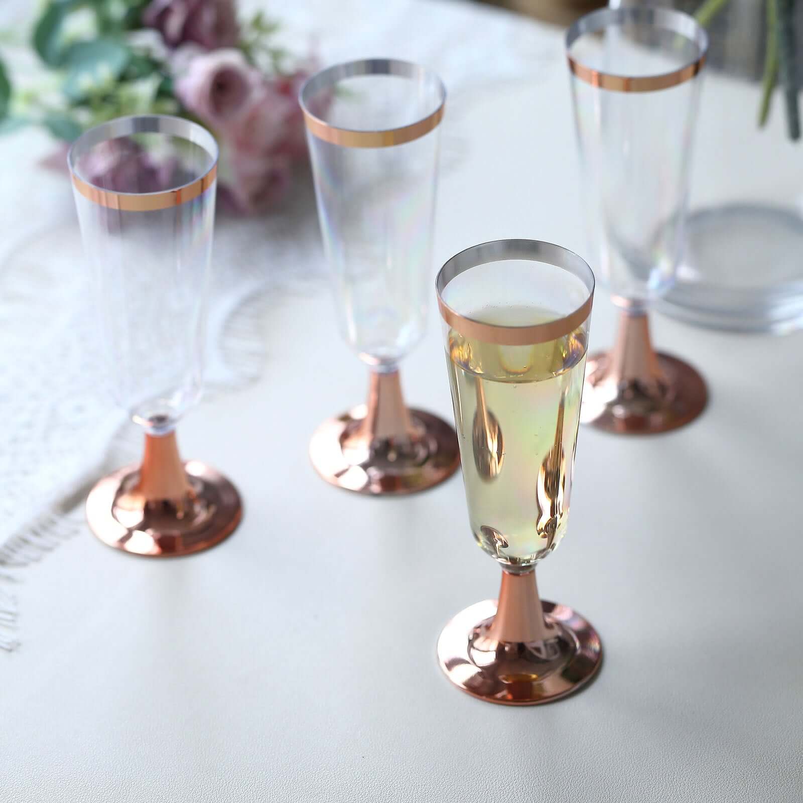 12-Pack Plastic Champagne Flutes Clear with Rose Gold Rim - Sleek Detachable Base Disposable Champagne Glasses for Toasting & Cocktail Parties 5oz