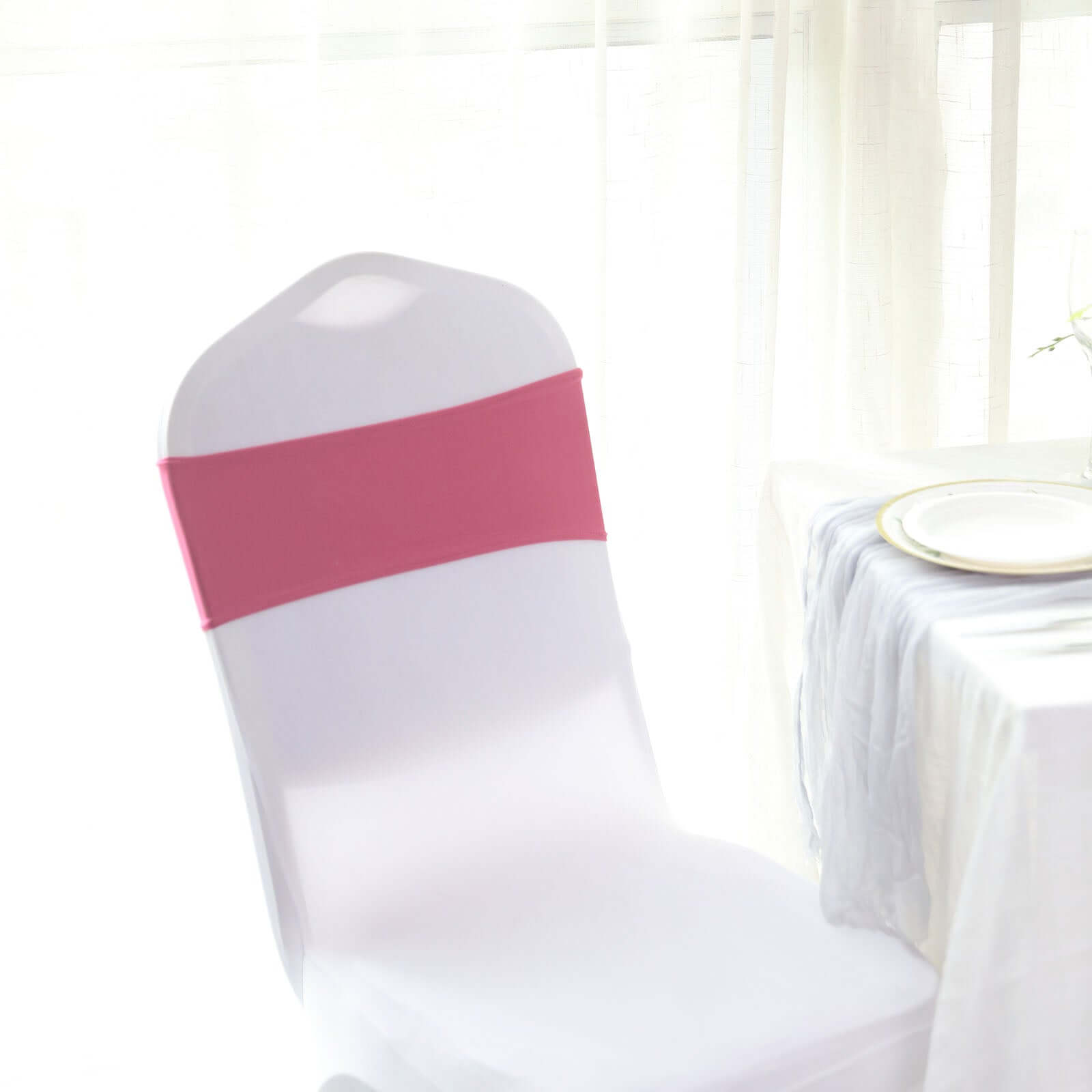 5 Pack Stretch Spandex Chair Sashes Fuchsia - Reusable Chair Bands with Silver Diamond Ring Slide Buckle 5x14