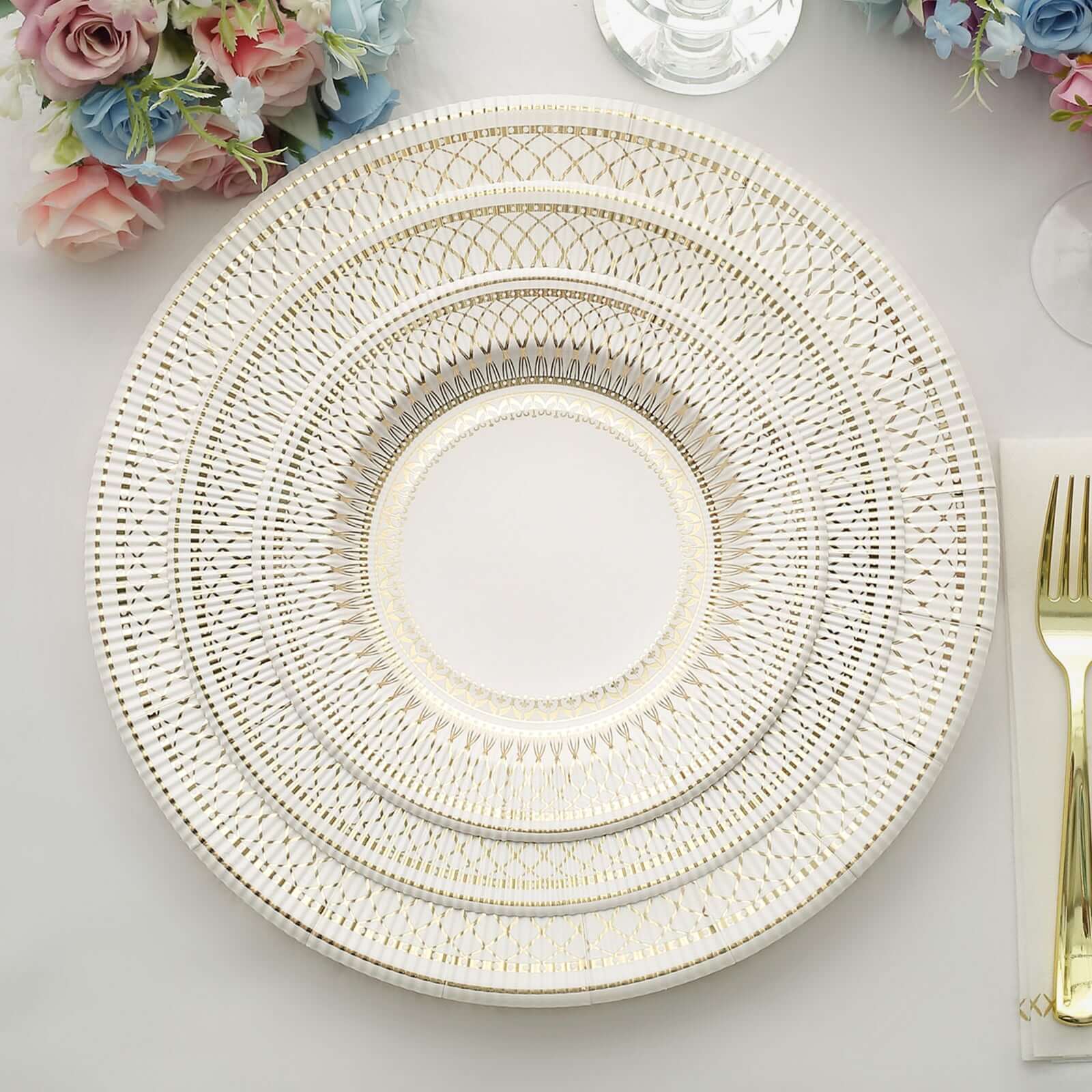 25-Pack Paper 10 Round Dinner Plates in White with Gold Vintage Porcelain Style Rim - Disposable 300GSM Party Plates