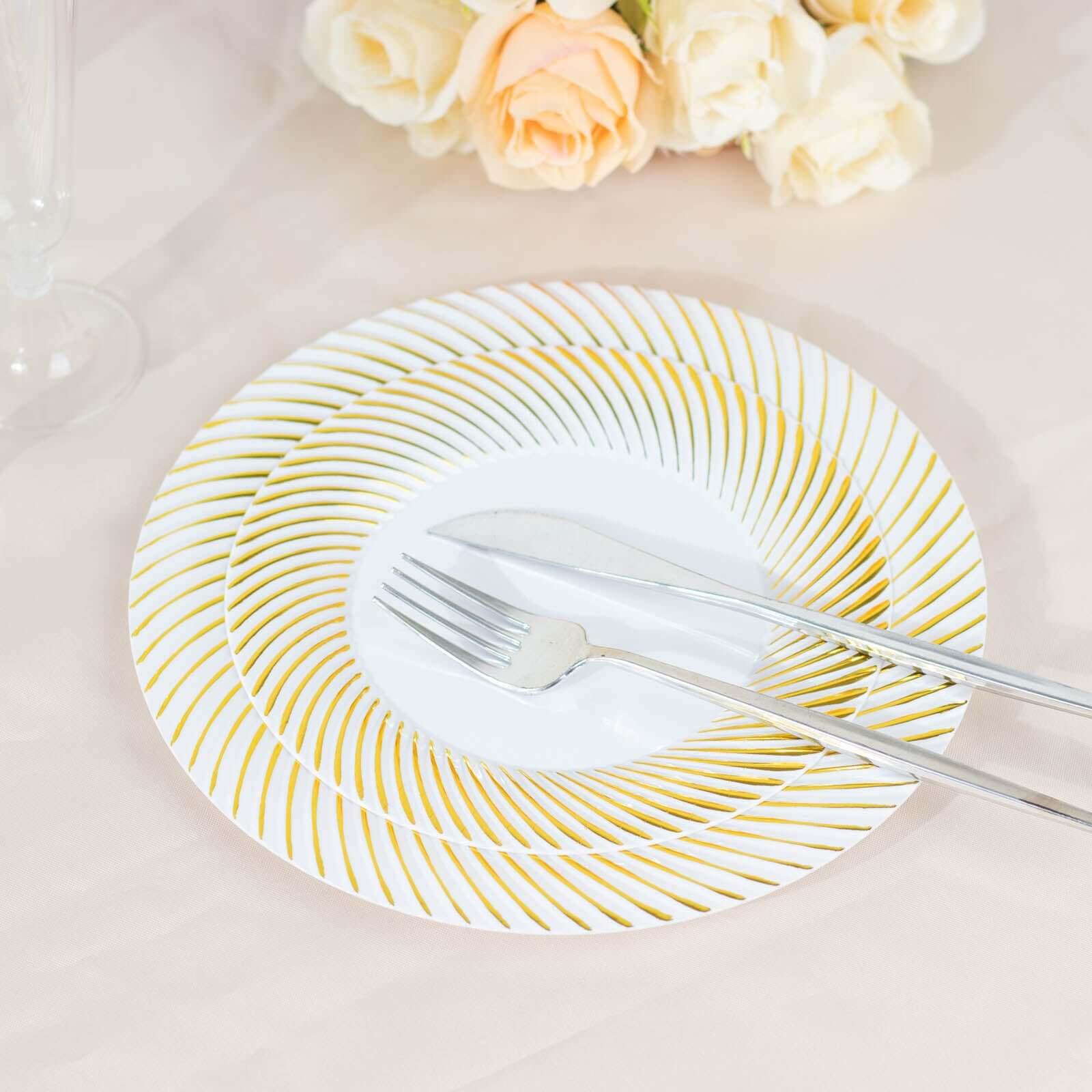 10-Pack Plastic 7 Round Dessert Plates in White with Gold Swirl Rim - Disposable Salad Plates for Classy Events & Banquets