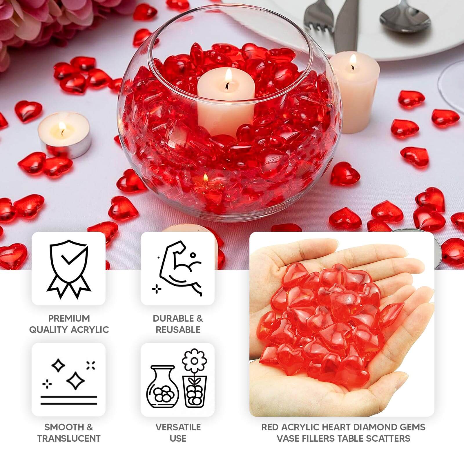 250 Pcs Acrylic Heart Diamond Gems Red Vase Fillers - Romantic Translucent Table Scatters for Valentine’s Day & Events