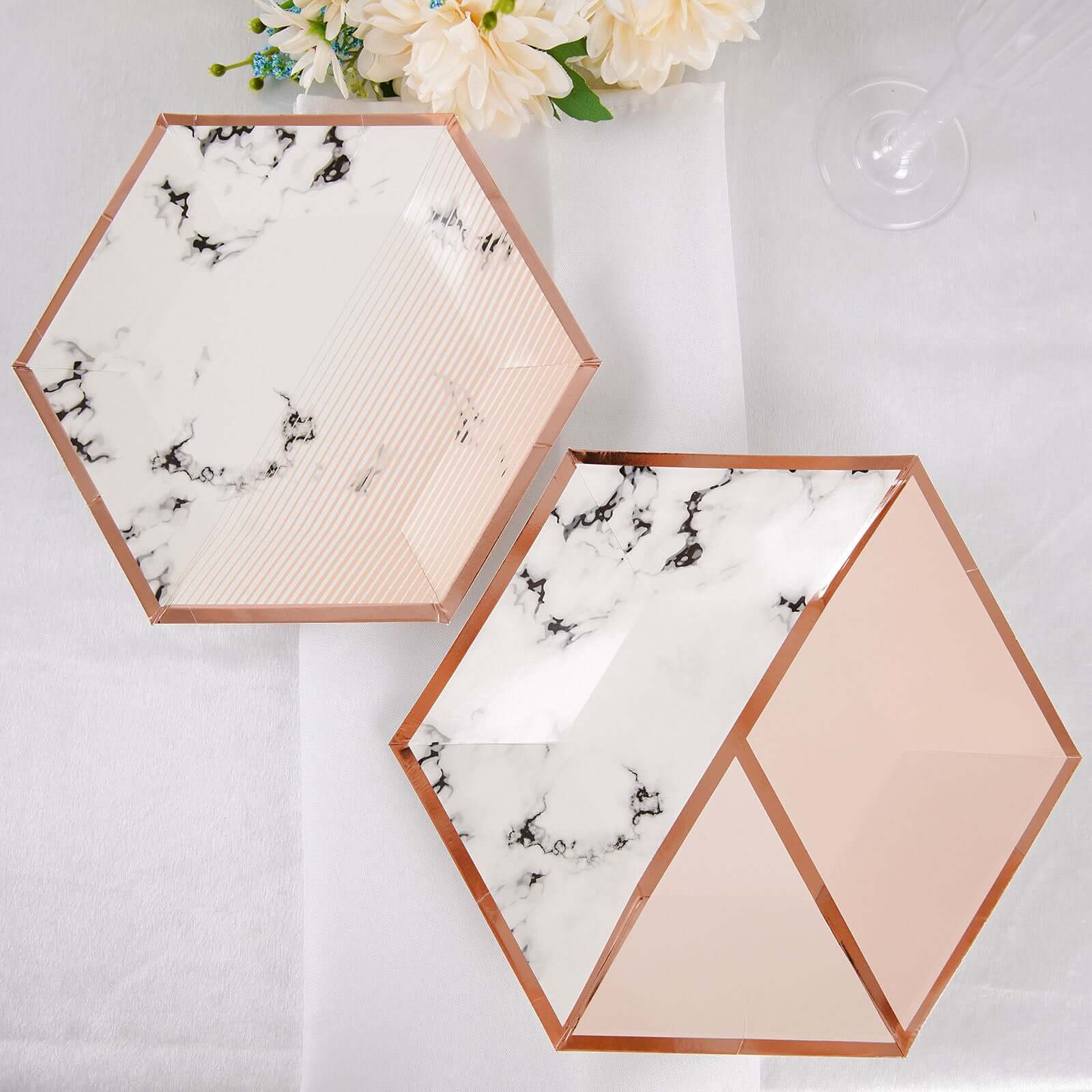 50-Pack Paper Hexagon Dinner and Dessert Plates in Blush with Marble Design & Rose Gold Foil Rim - Chic Disposable Geometric Party Plates Set for 25 Guests 8, 10