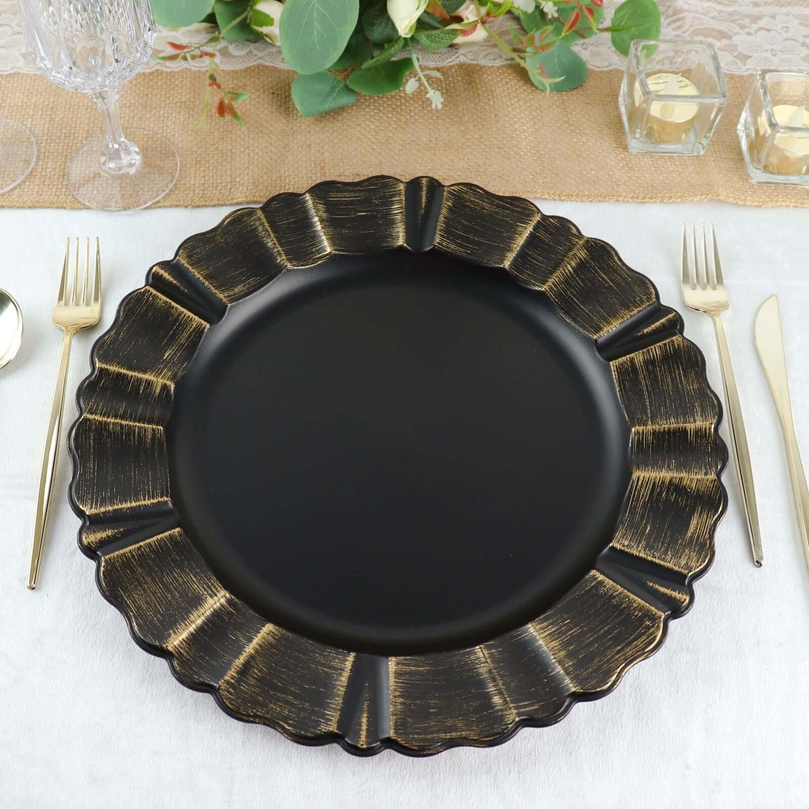 6-Pack Acrylic Plastic Round Charger Plates 13 in Matte Black with Gold Brushed Wavy Scalloped Rim, Decorative Dinner Party Charger Tableware