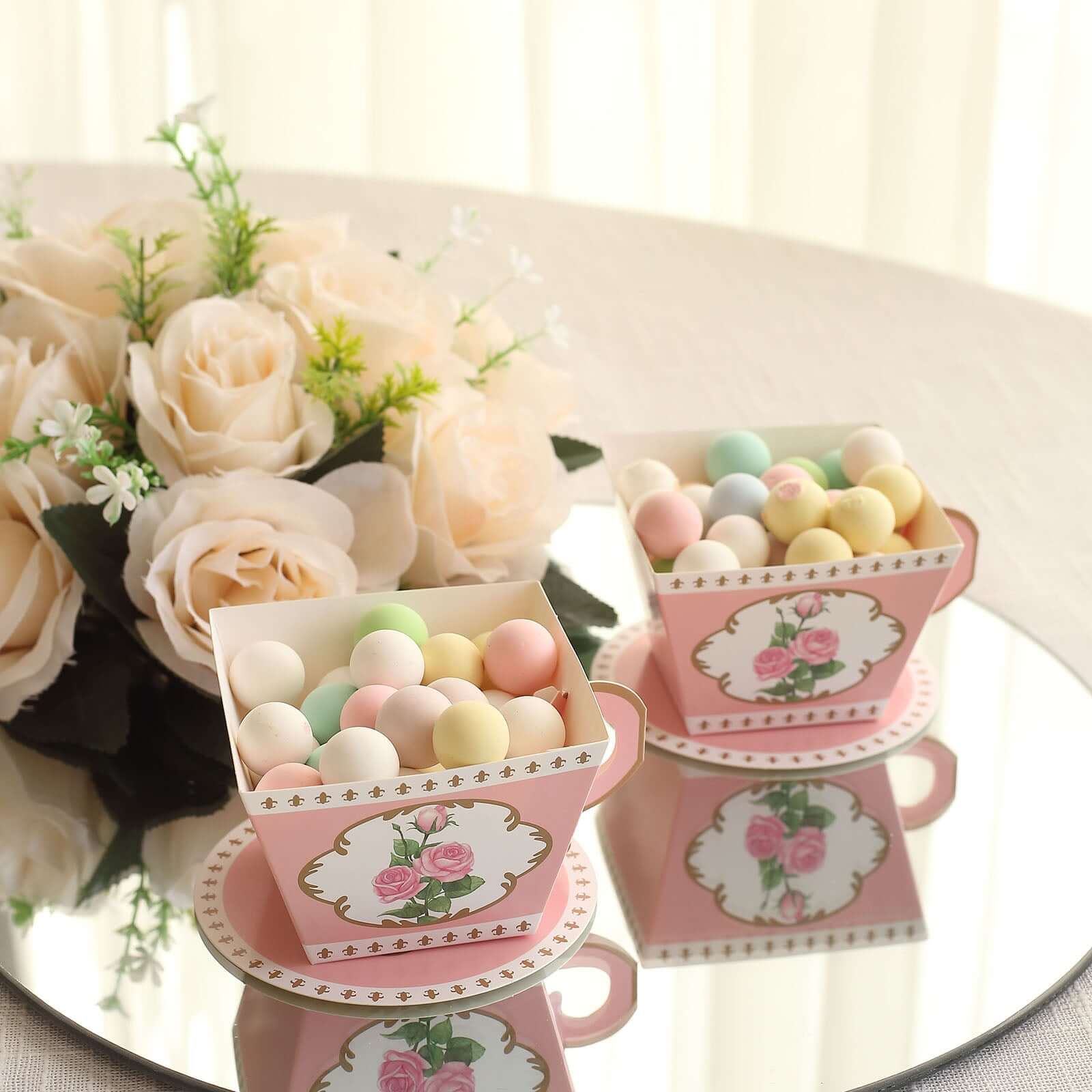 25 Pack Dusty Rose Mini Teacup and Saucer Party Favor Boxes with Rose Floral Print, Tea Time Candy Boxes - 4x3