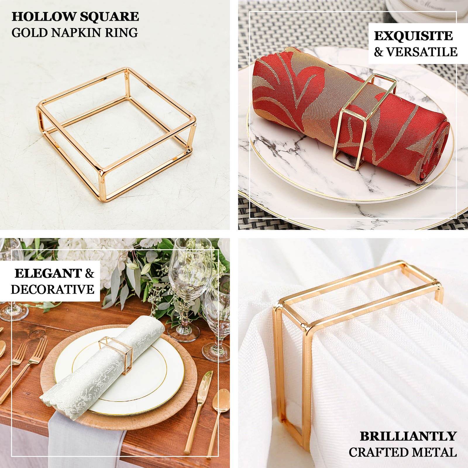 4 Pack Gold Metal Hollow Square Napkin Rings, Modern Geometric Cube Napkin Holders