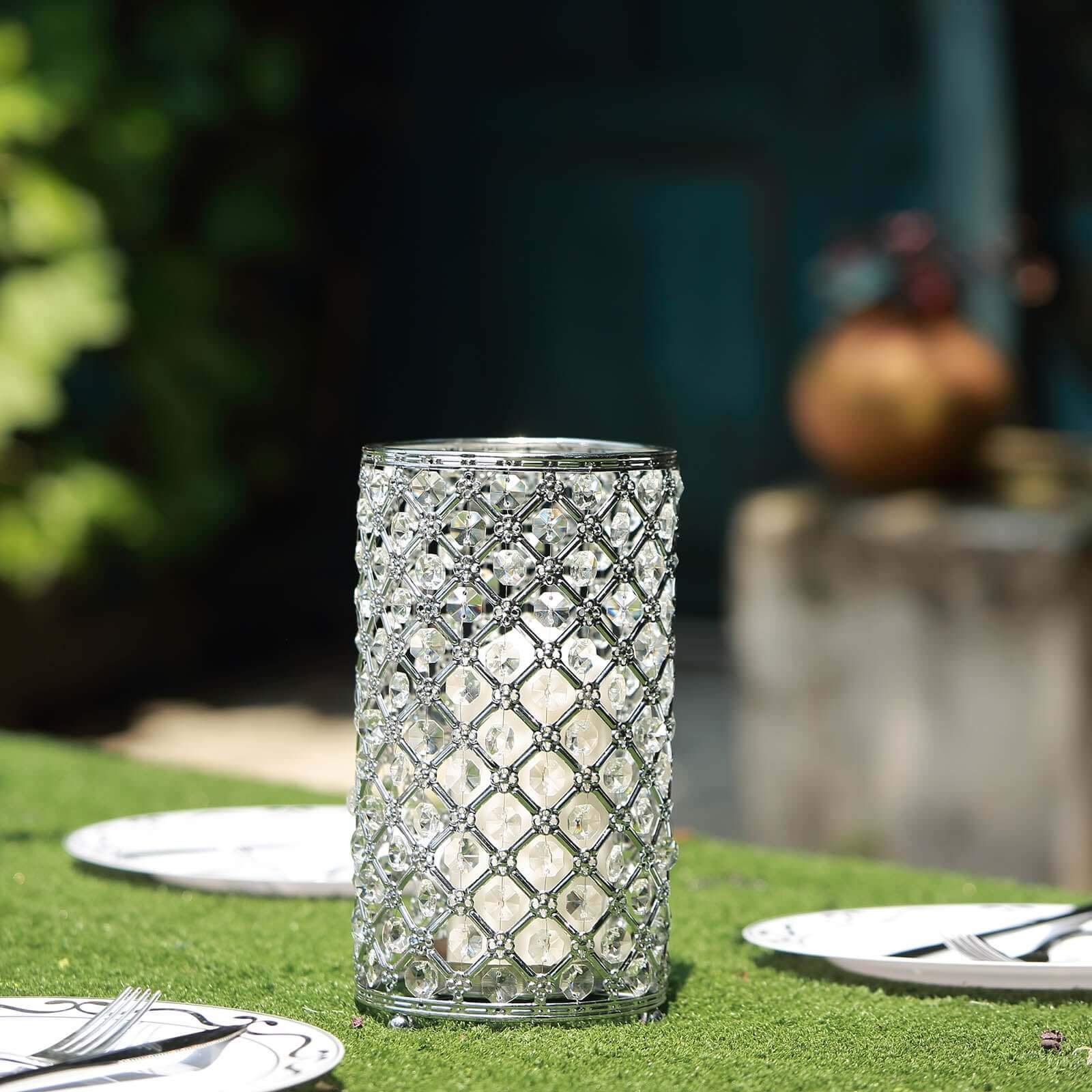 2-Pack Metal Crystal Beaded Pillar Holders Metallic Silver - Versatile Stem Vase Set for Decor 9