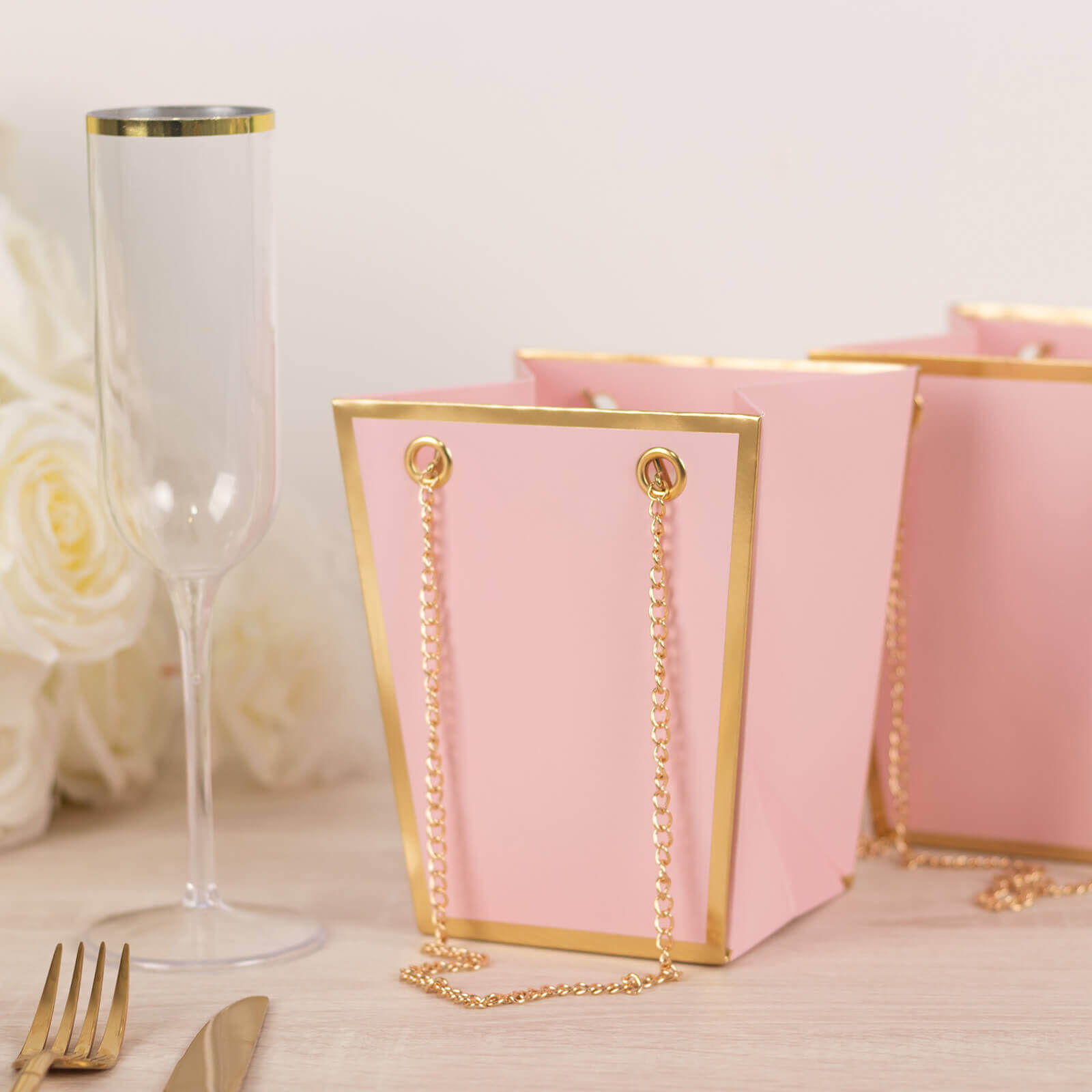 6 Pack Pink Gold Edge Paper Flower Gift Bags With Metal Chain Handles, Trapezoid Party Favor Tote Bags - 5x6